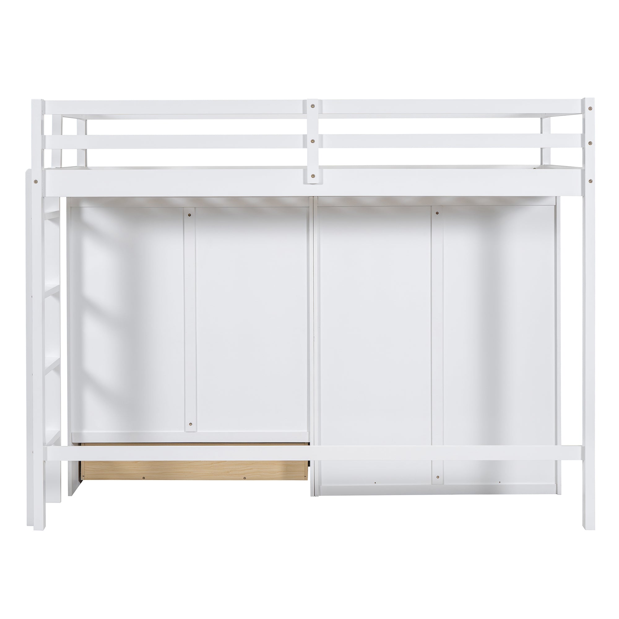 Twin size Loft Bed with Drawer, Two Wardrobes and Mirror, White