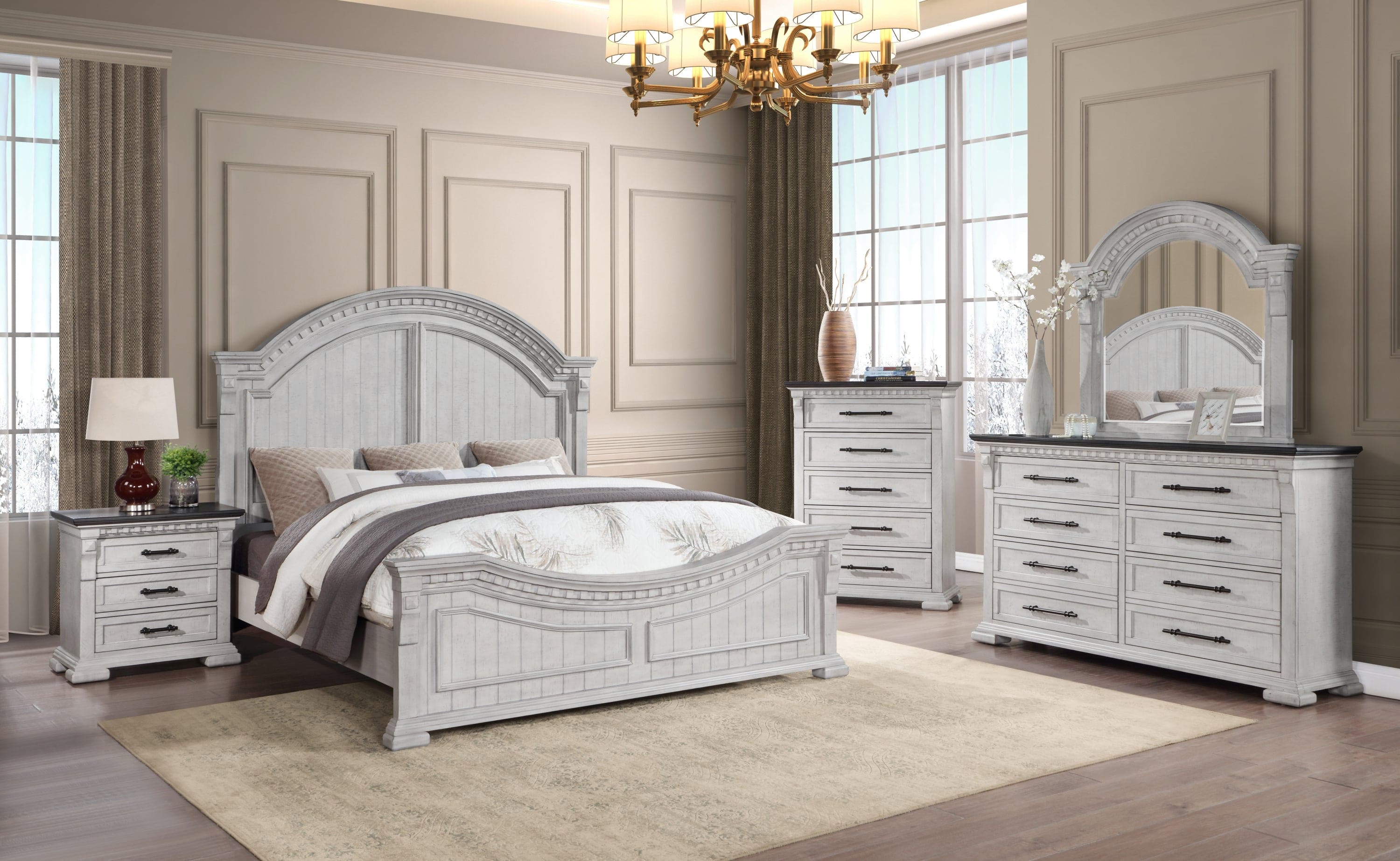 Faith Transitional Style King Bed Made with Wood in Antique white