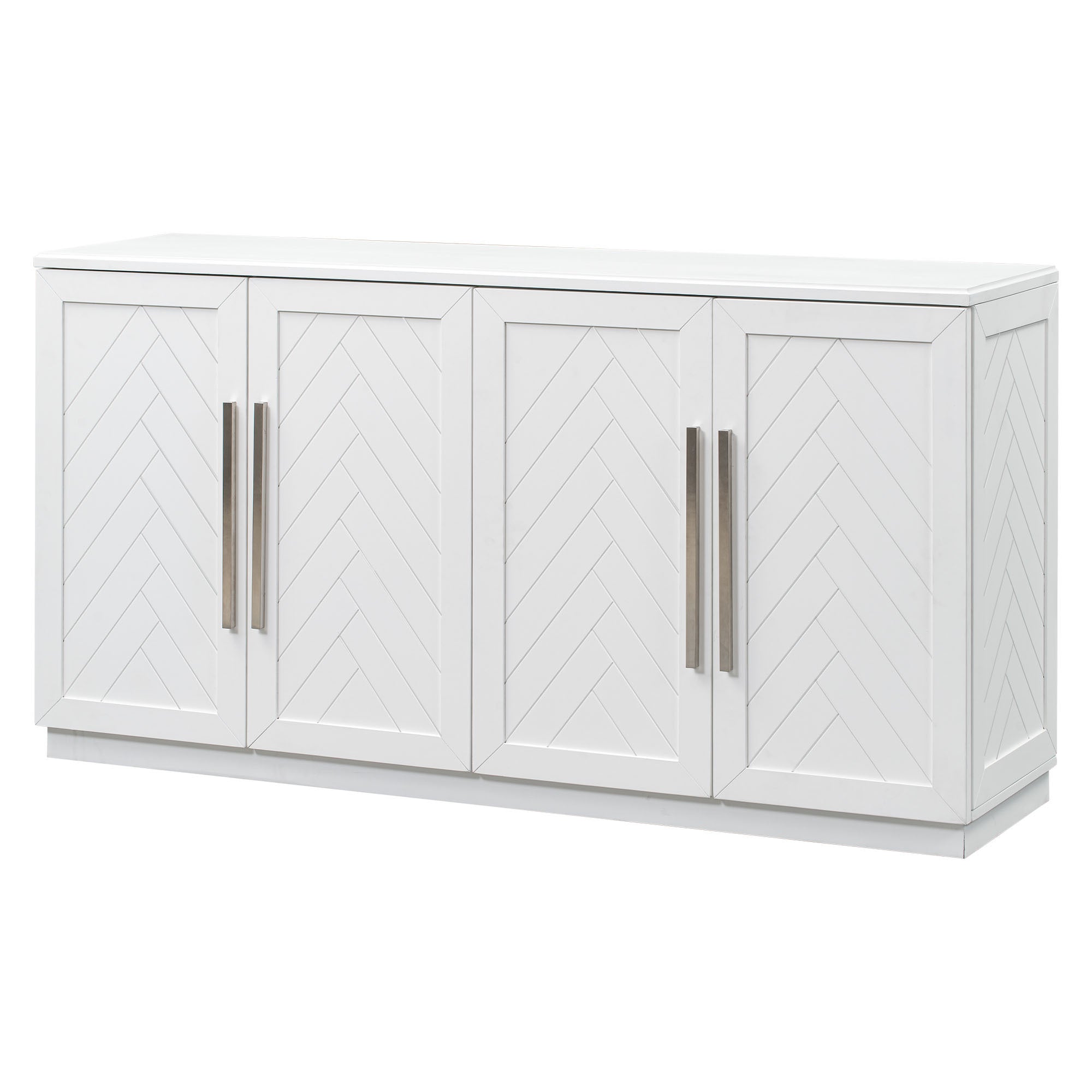 TREXM Sideboard with 4 Doors Large Storage Space Buffet Cabinet with Adjustable Shelves and Silver Handles for Kitchen, Dining Room, Living Room (White)