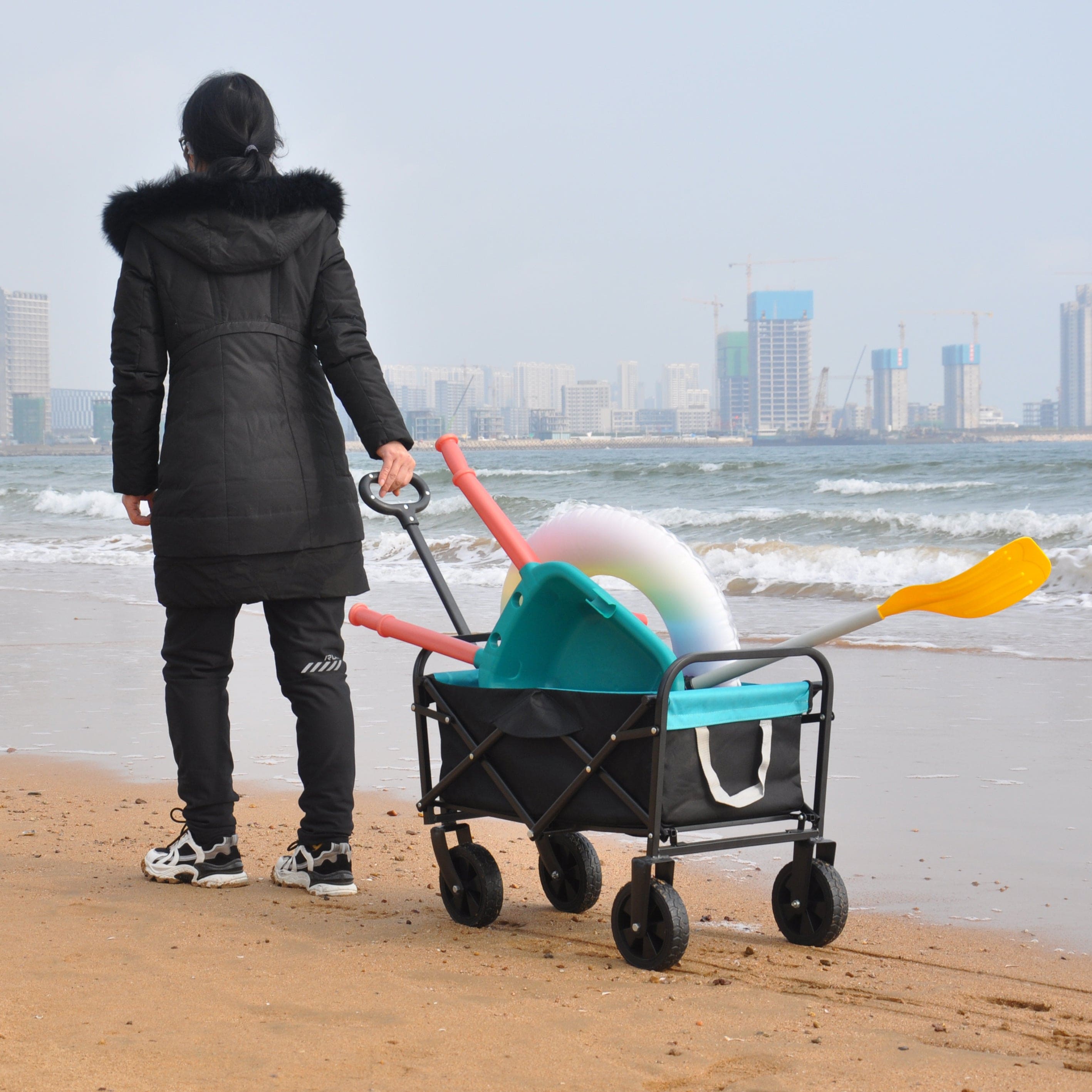 Folding Wagon Garden Shopping Beach Cart (black+blue)