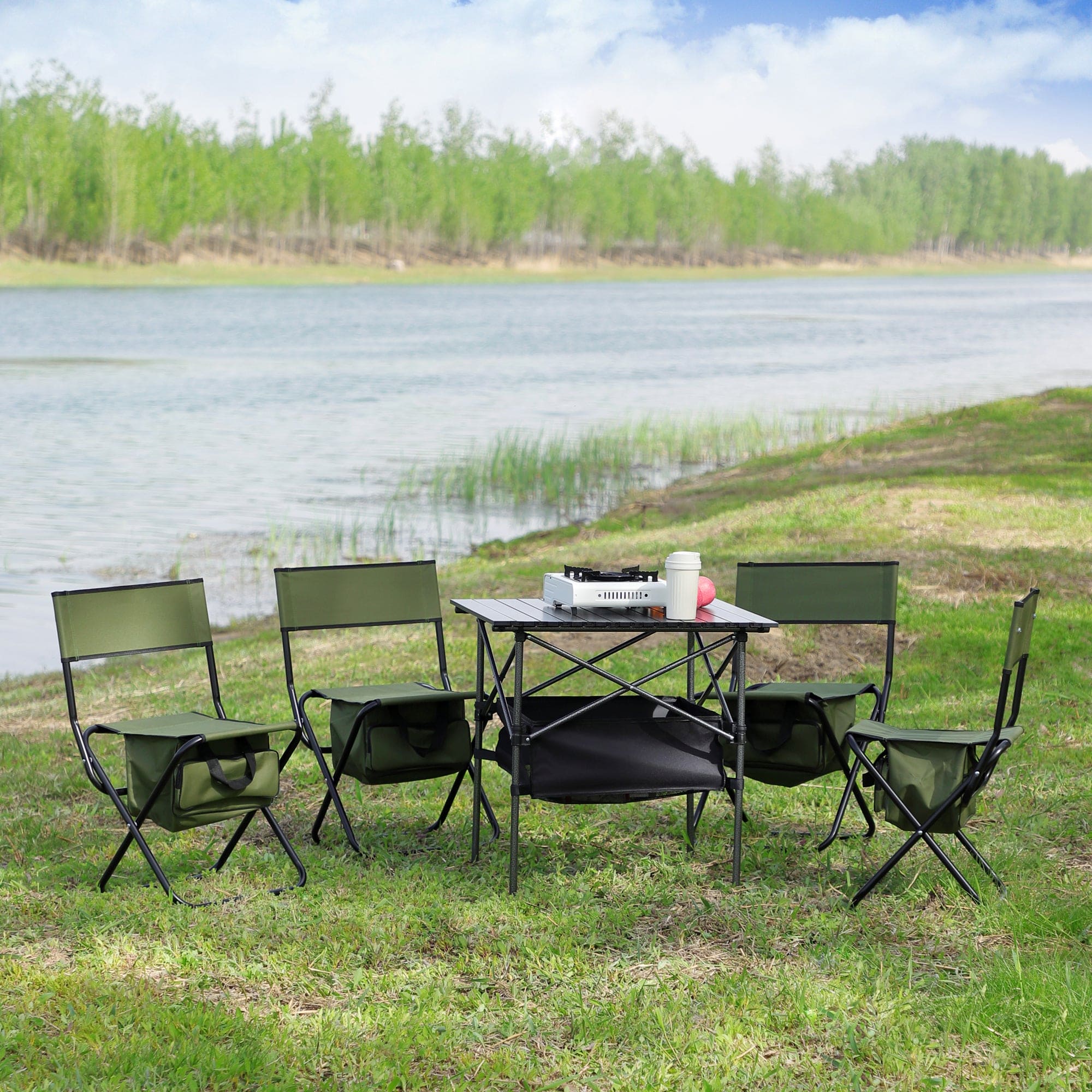 Set of 5, Folding Outdoor Table and Chairs Set for Indoor, Outdoor Camping, Picnics, Beach,Backyard, BBQ, Party, Patio, Black/Green