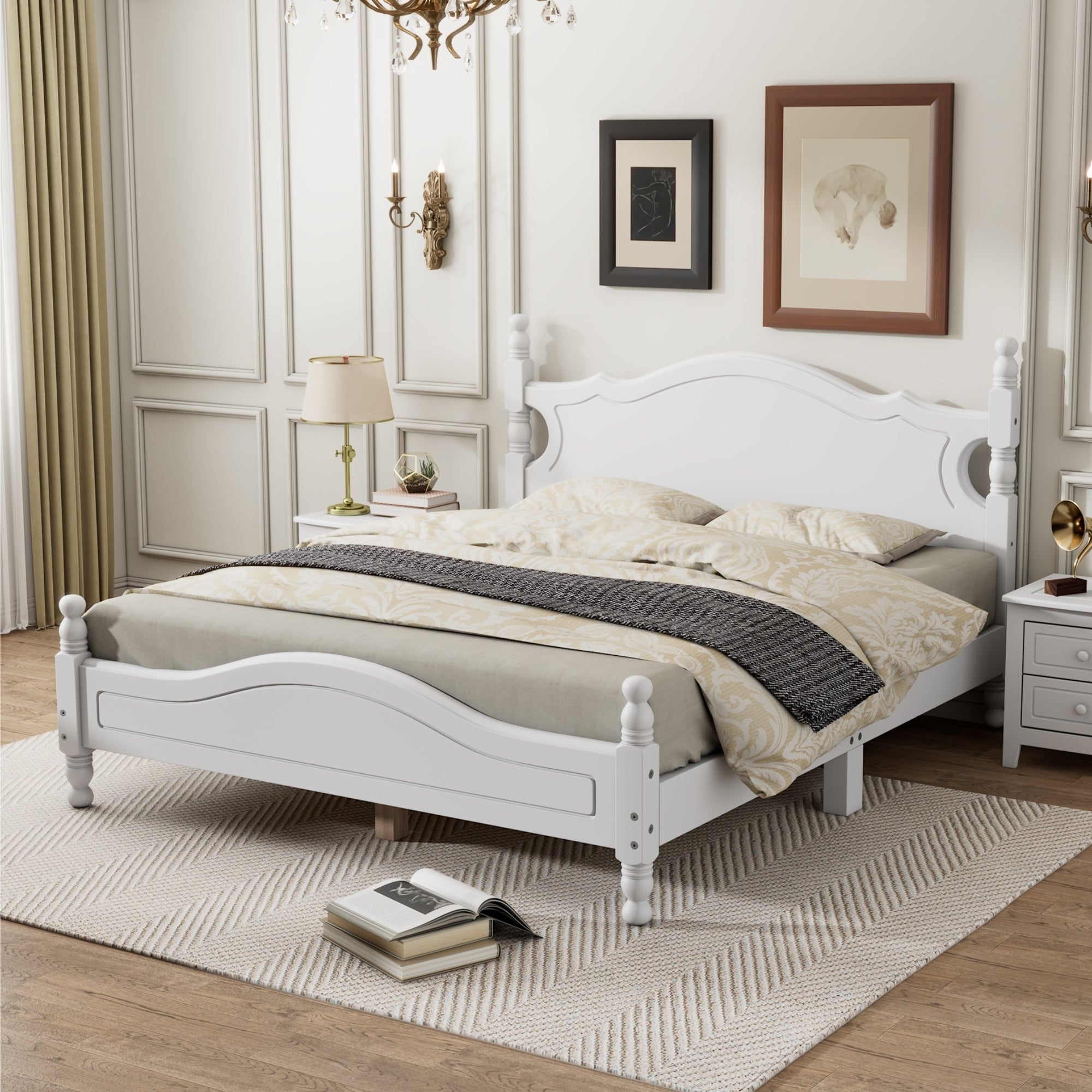 Queen Size Wood Platform Bed Frame,Retro Style Platform Bed with Wooden Slat Support,White