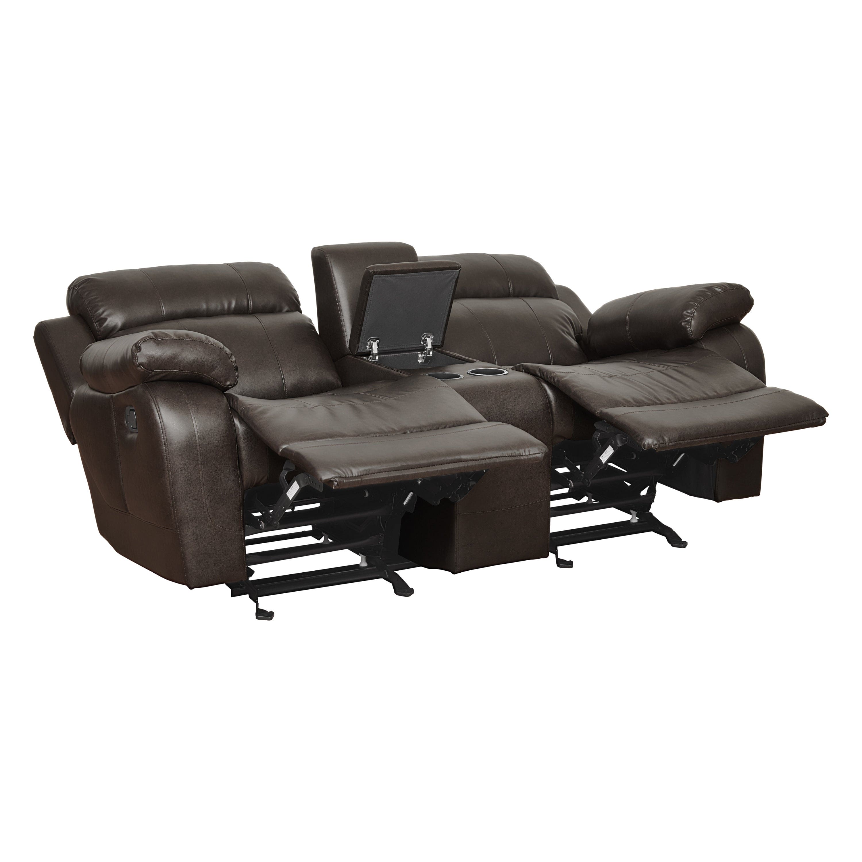 Double Glider Reclining Love Seat with Center Console Brown Faux Leather Upholstered Contemporary Living Room Furniture