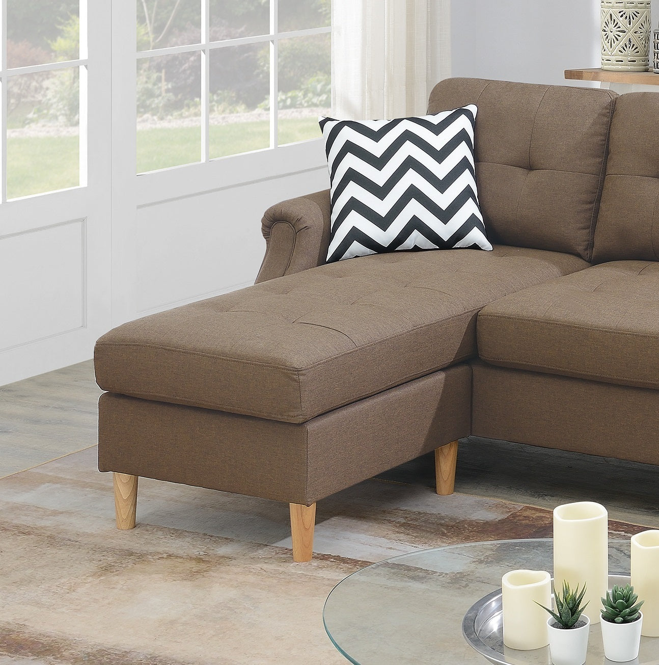 Living Room Corner Sectional Light Coffee Polyfiber Chaise sofa Reversible Sectional