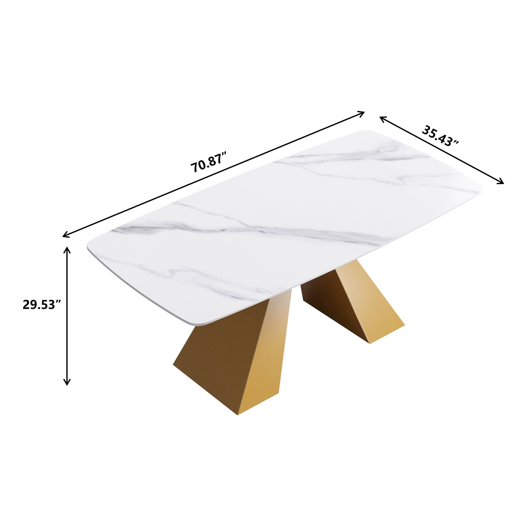 70.87"Modern artificial stone white curved golden metal leg dining table-can accommodate 6-8 people