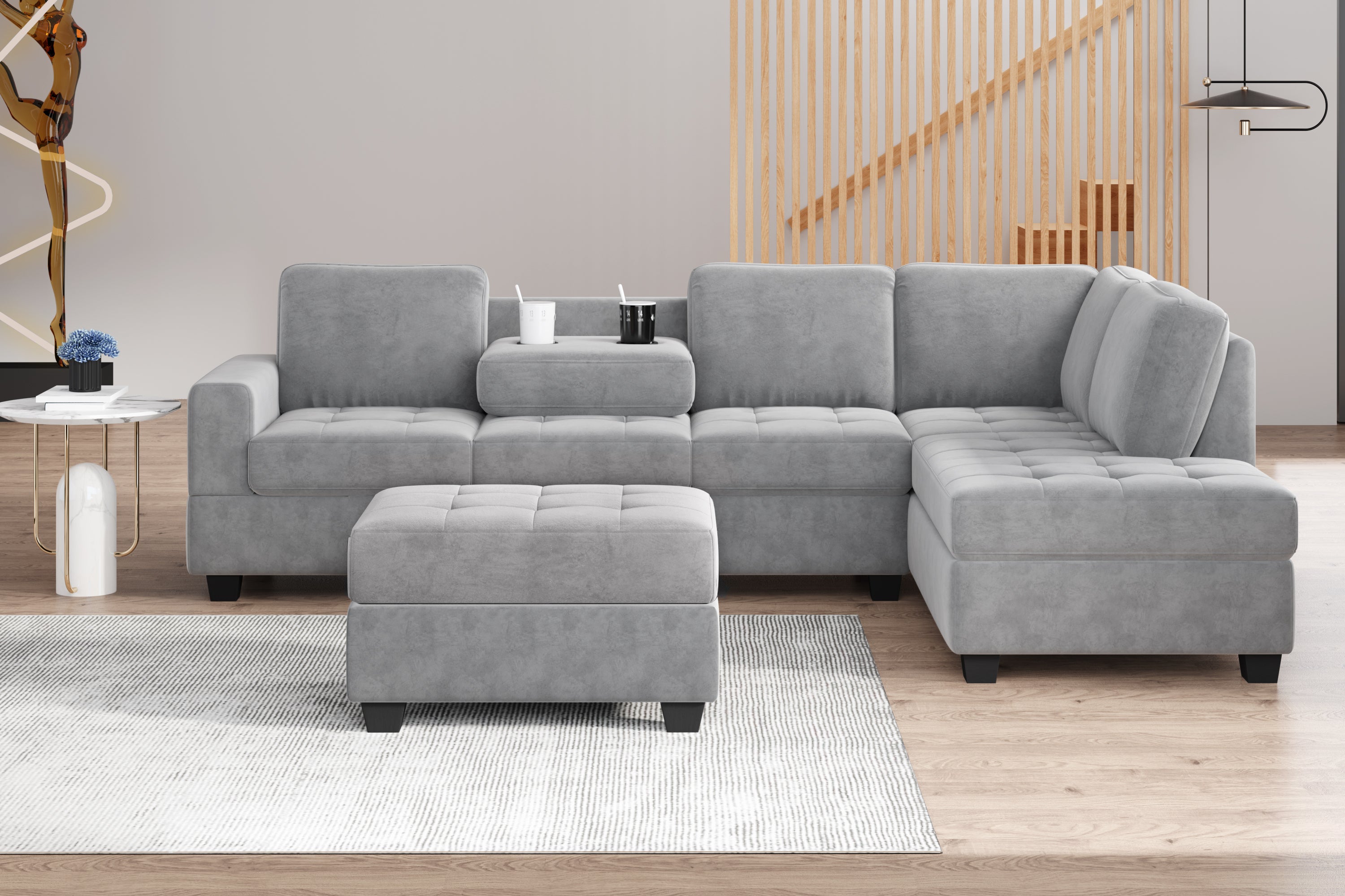 Orisfur. Modern Sectional Sofa with Reversible Chaise, L Shaped  Couch Set with Storage Ottoman and Two Cup Holders for Living Room