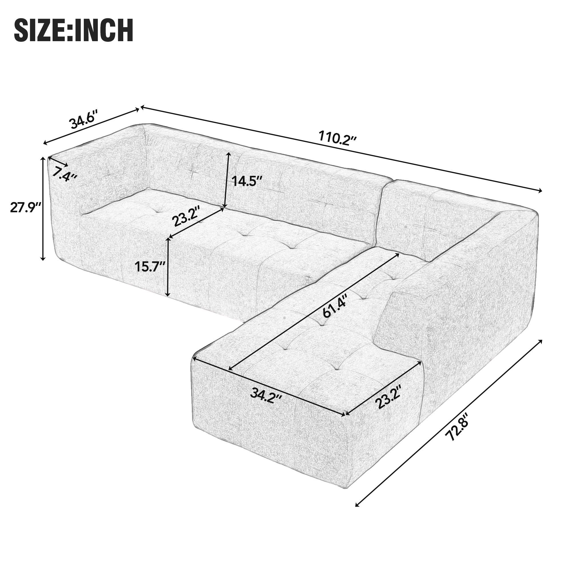 110.2*72.8" Modular Modular Combination Living Room Sofa Set, Modern Minimalist Sofa, Living Room Upholstered Sofa Bed, Bedroom, 2pcs Computer Free Combination, L-Shaped,Beige