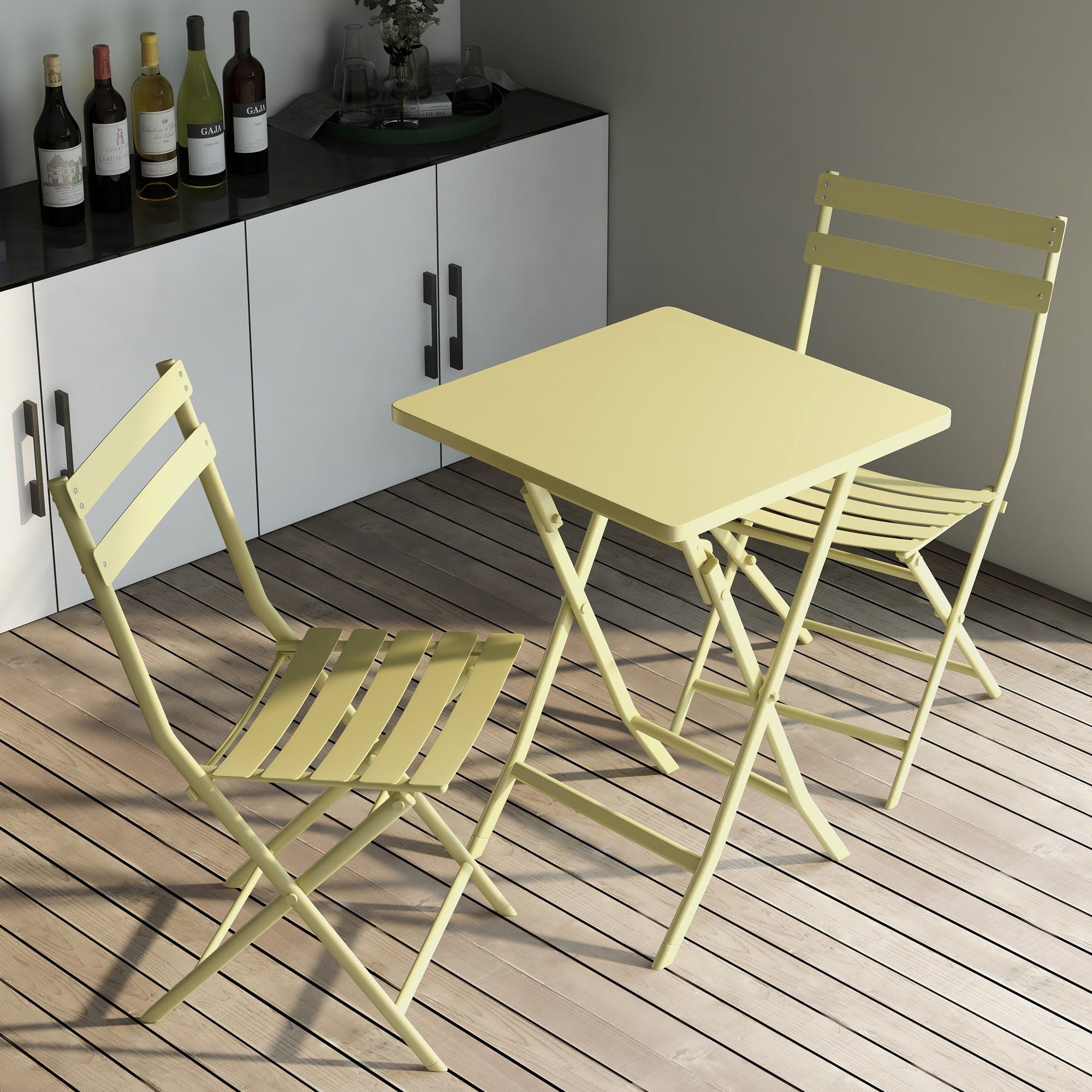 3 Piece Patio Bistro Set of Foldable Square Table and Chairs, Yellow