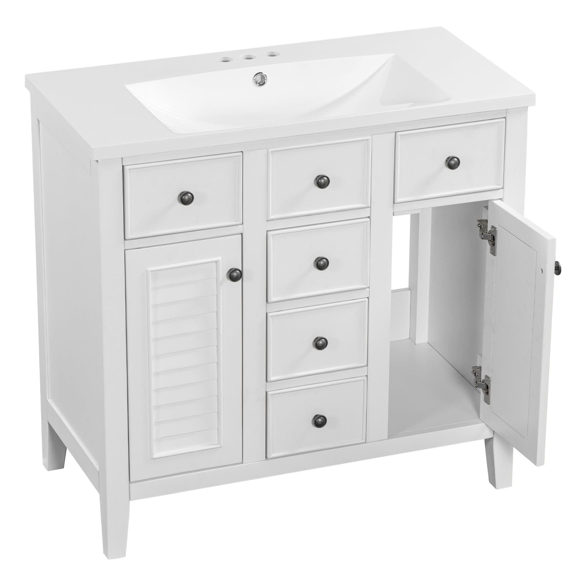 36" Bathroom Vanity with Ceramic Basin, Two Cabinets and Five Drawers, Solid Wood Frame, White (OLD SKU: SY999202AAK)