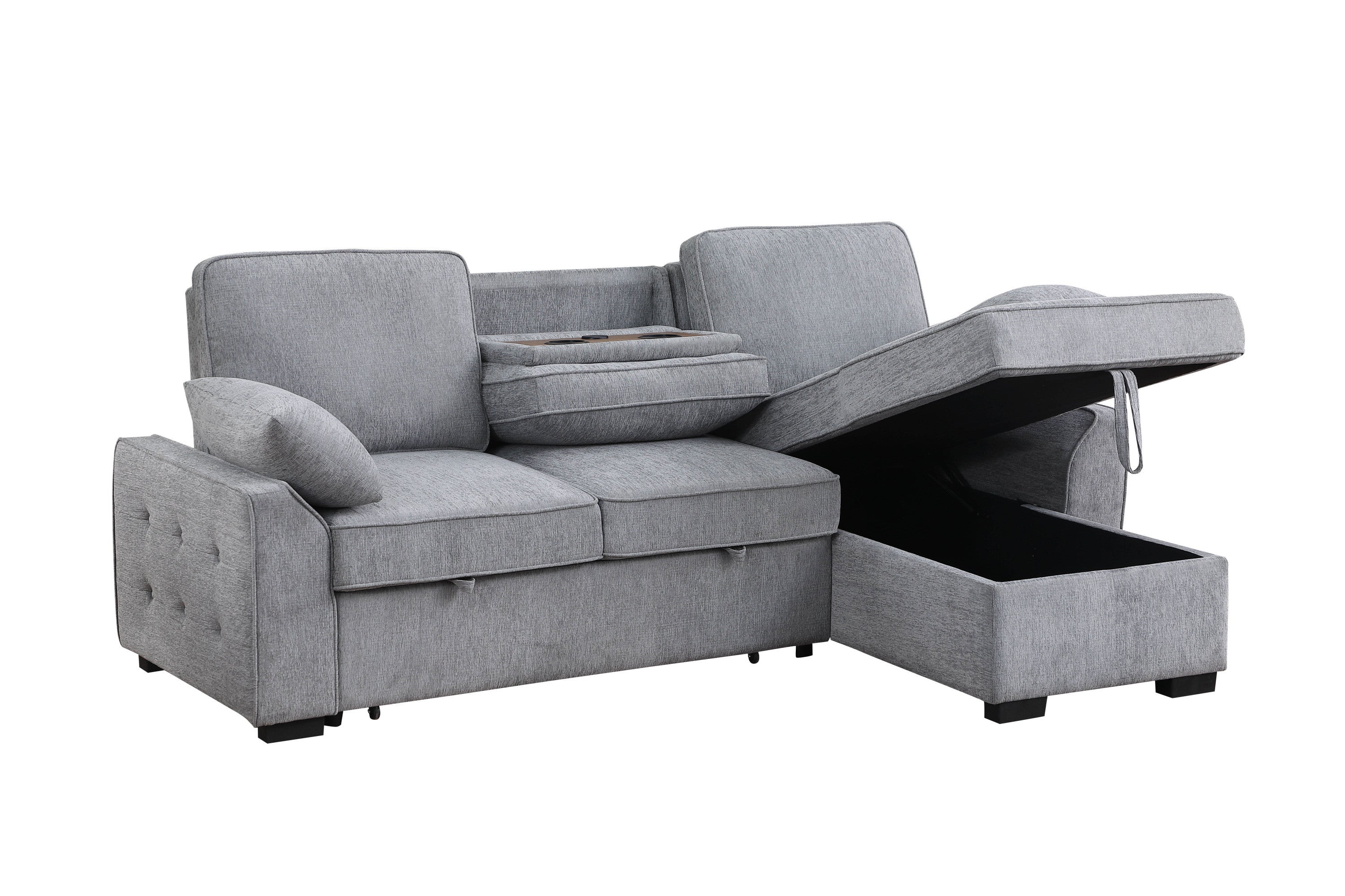 Mackenzie Light  Gray Chenille Fabric Reversible Sleeper Sectional with Storage Chaise, Drop-Down Table, Cup Holders and Charging Ports