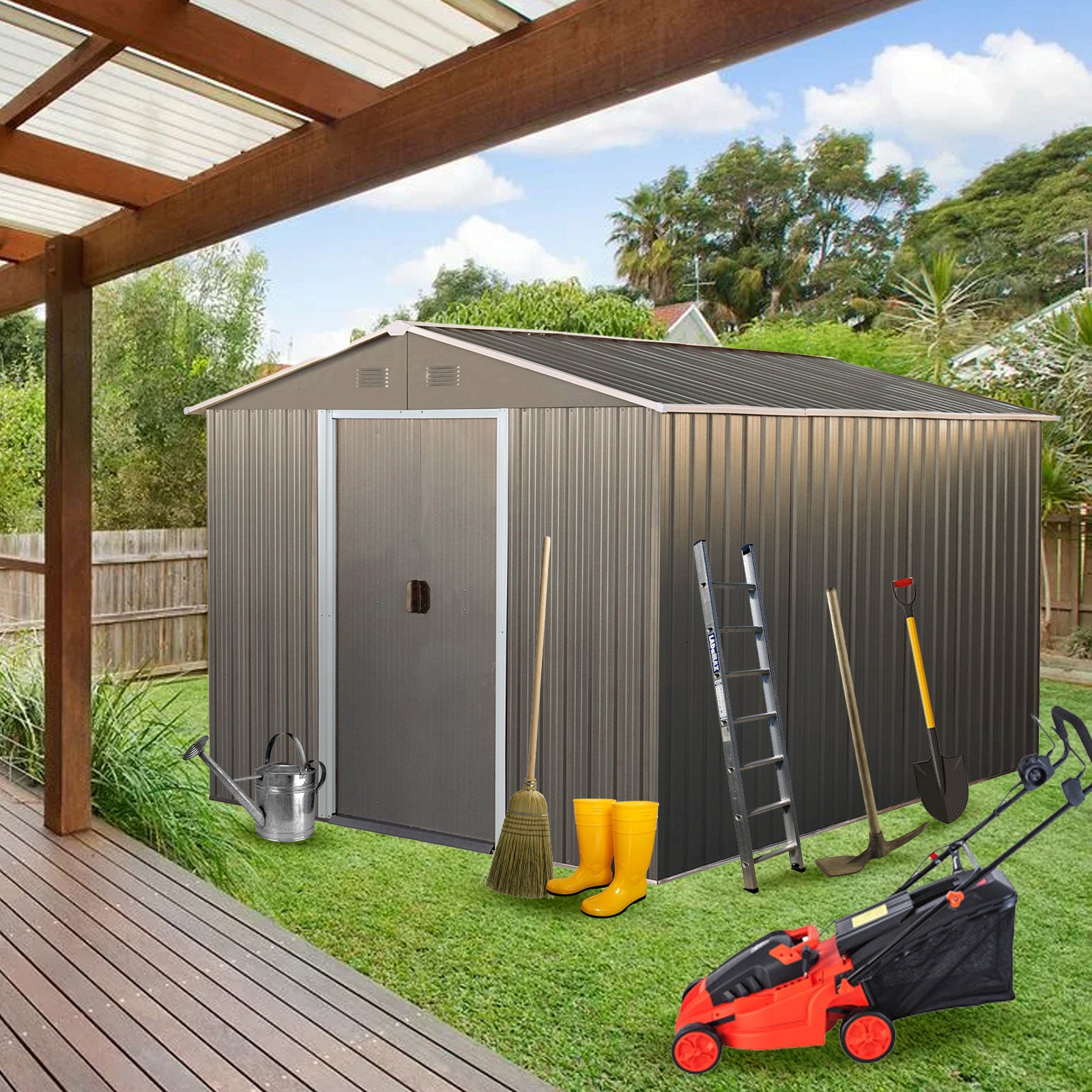 8x10ft Outdoor Metal Storage Shed Grey