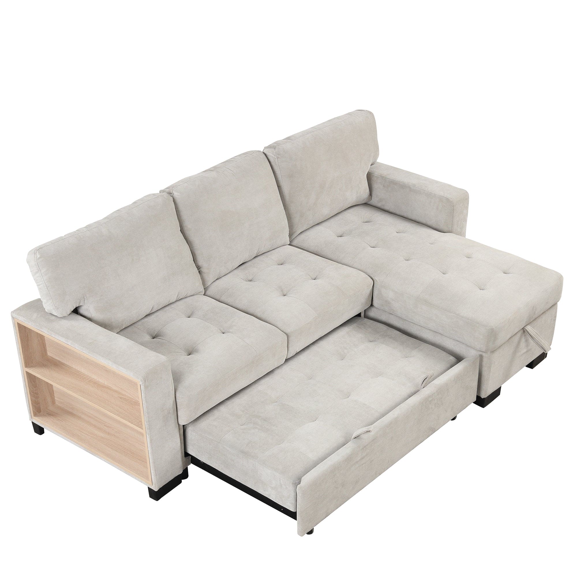 Stylish and Functional Light Chaise Lounge Sectional with Storage Rack Pull-out Bed Drop Down Table  and USB Charger Light Gray