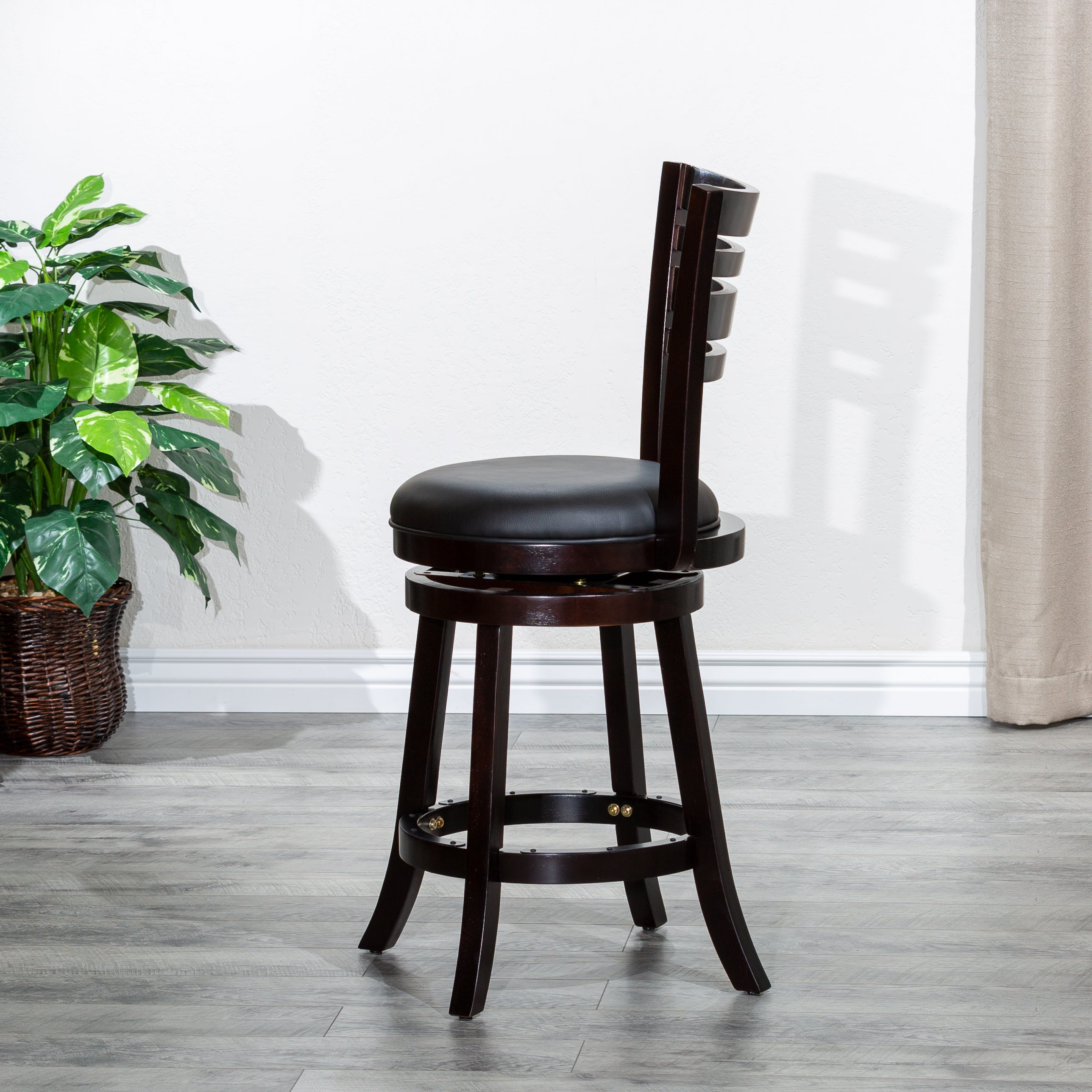 24" Counter Height Slat Back Swivel Stool, Espresso Finish, Black Leather Seat