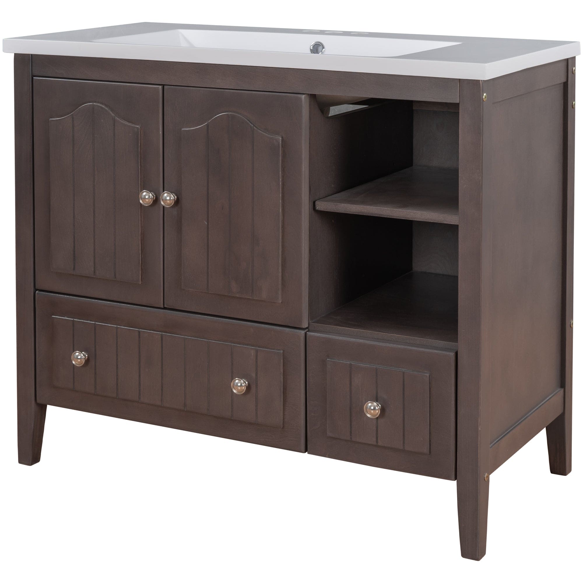 [VIDEO] 36" Bathroom Vanity with Ceramic Basin, Bathroom Storage Cabinet with Two Doors and Drawers, Solid Frame, Metal Handles, Brown (OLD SKU: JL000003AAD)