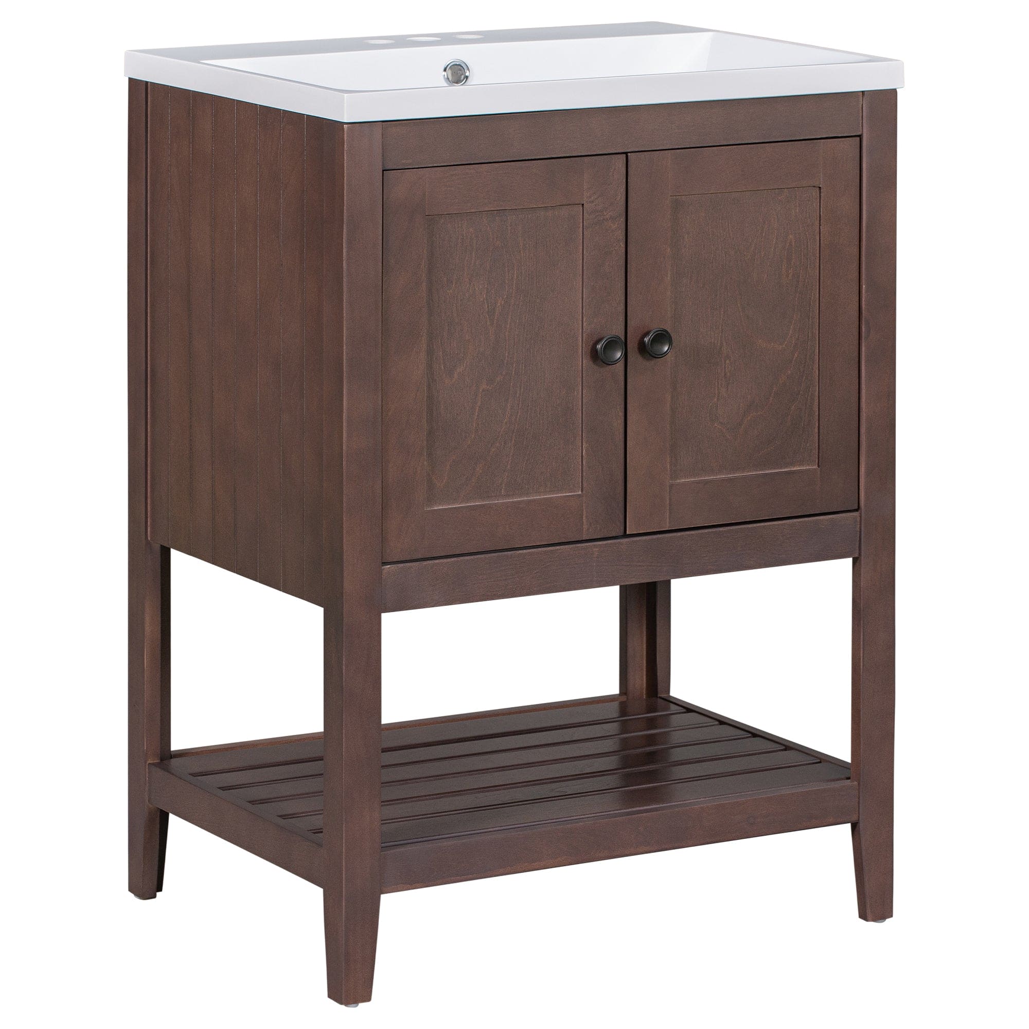 [VIDEO] 24" Brown Modern Sleek Bathroom Vanity Elegant Ceramic Sink with Solid Wood Frame Open Style Shelf (OLD SKU: JL000004AAD)