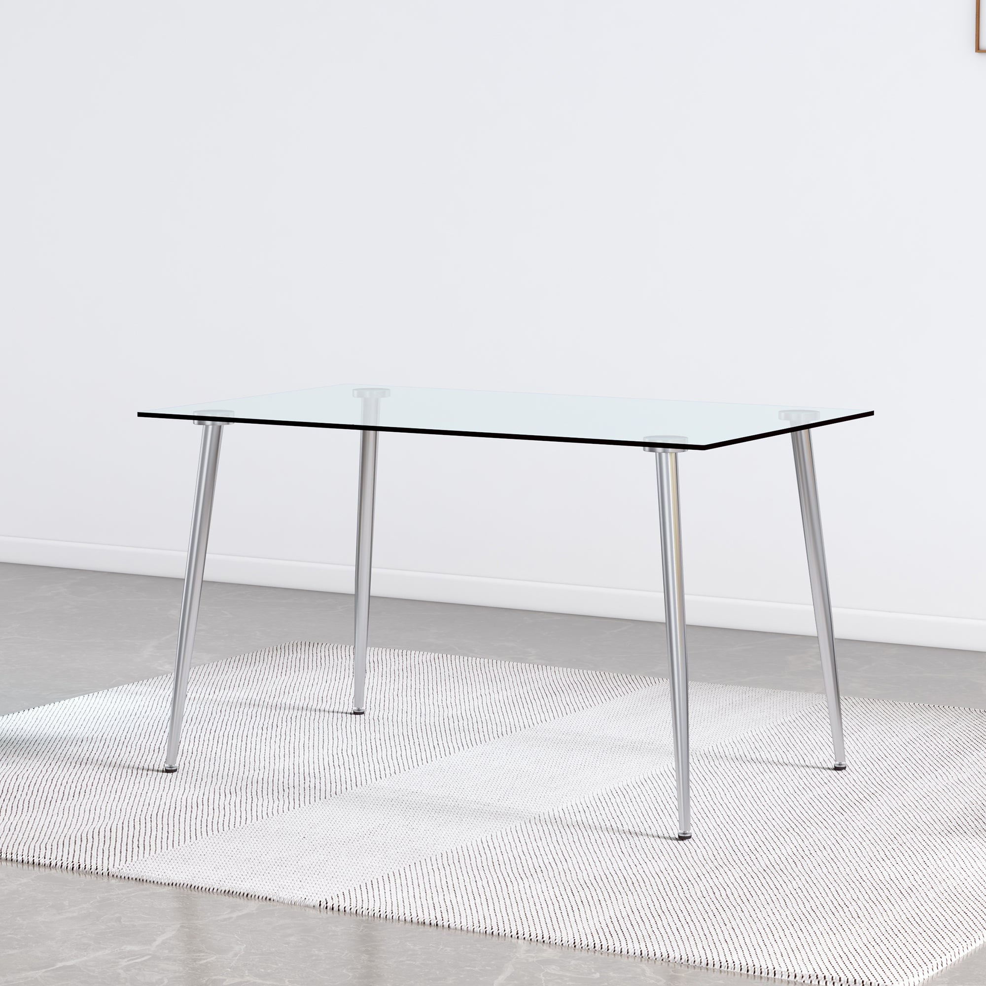 Modern Minimalist Rectangular Glass  Dining Table for 4-6 with 0.31" Tempered Glass Tabletop and Silver plating Metal Legs, Writing Table Desk, for Kitchen Dining Living Room, 51" *31"* 30" .F-1544