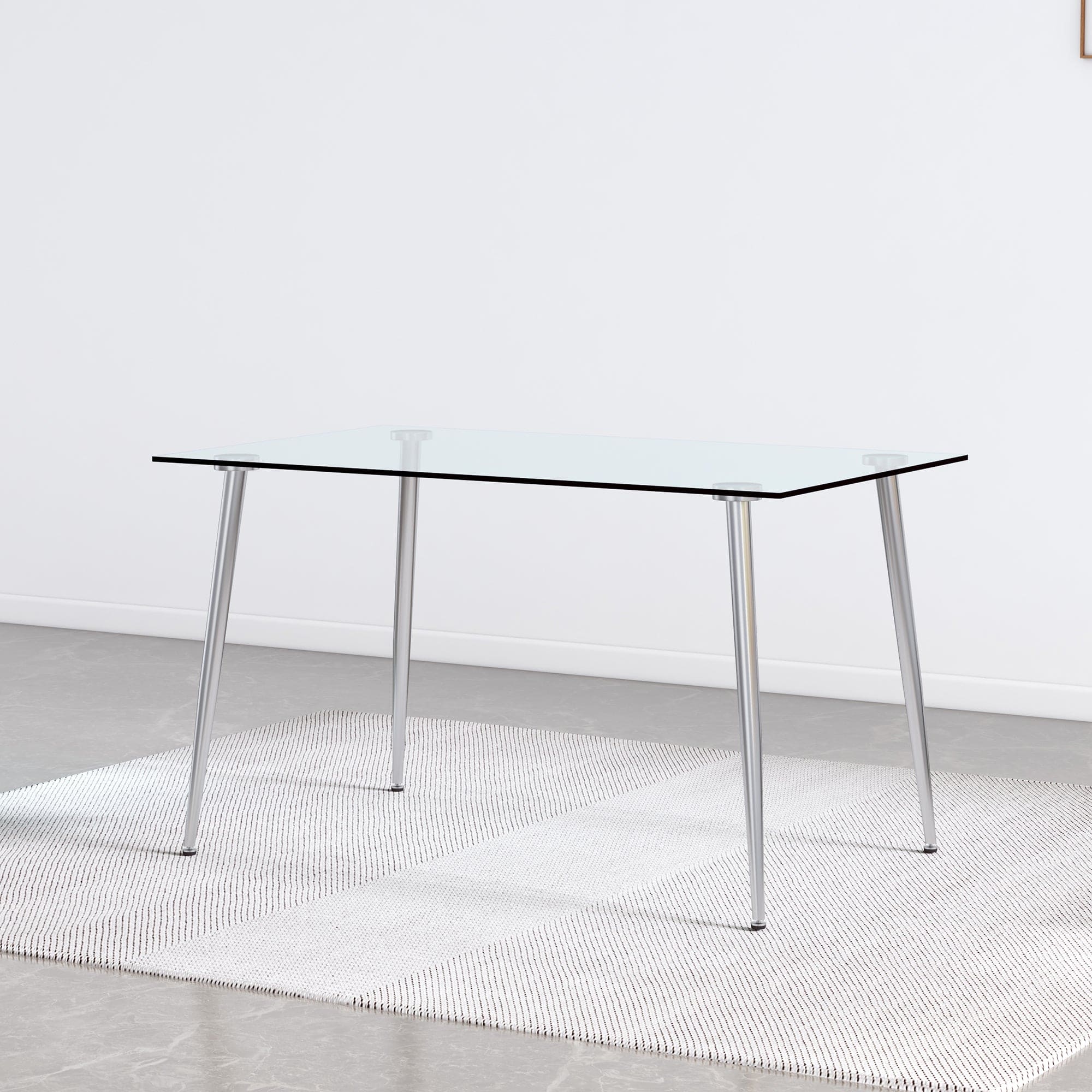 Modern Minimalist Rectangular Glass  Dining Table for 4-6 with 0.31" Tempered Glass Tabletop and Silver plating Metal Legs, Writing Table Desk, for Kitchen Dining Living Room, 51" *31"* 30" .F-1544