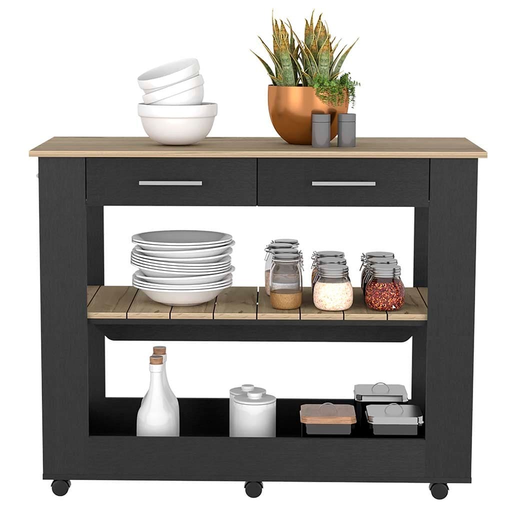 Kitchen Island 46 Inches Dozza, Two Drawers, Black Wengue / Light Oak Finish