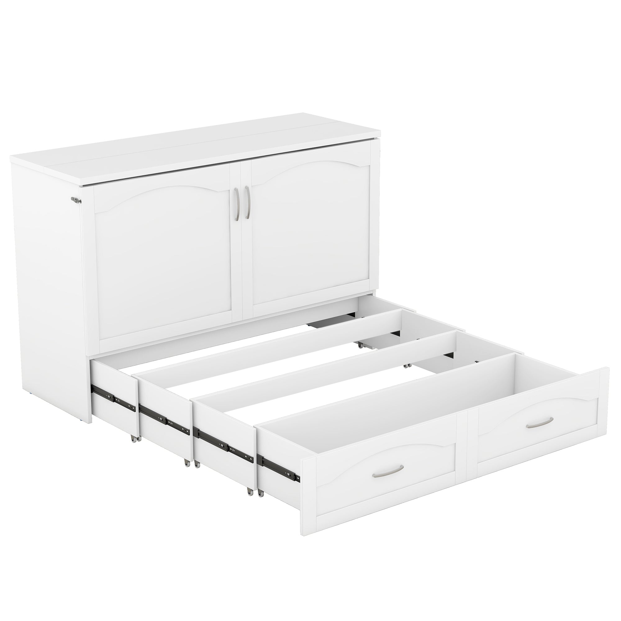 Queen Size Murphy Bed Wall Bed with drawer and a set of Sockets & USB Ports, Pulley Structure Design, White