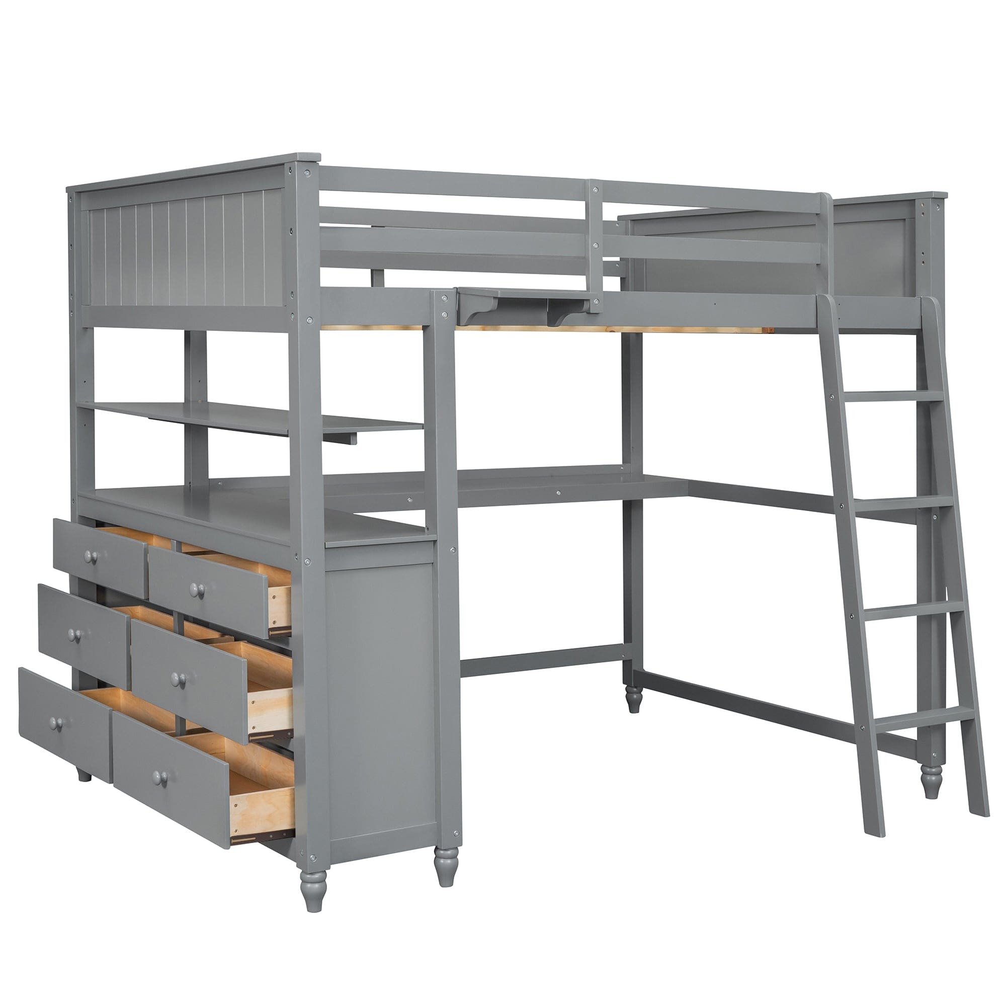 Full size Loft Bed with Drawers and Desk, Wooden Loft Bed with Shelves - Gray(OLD SKU:LT001529AAE)