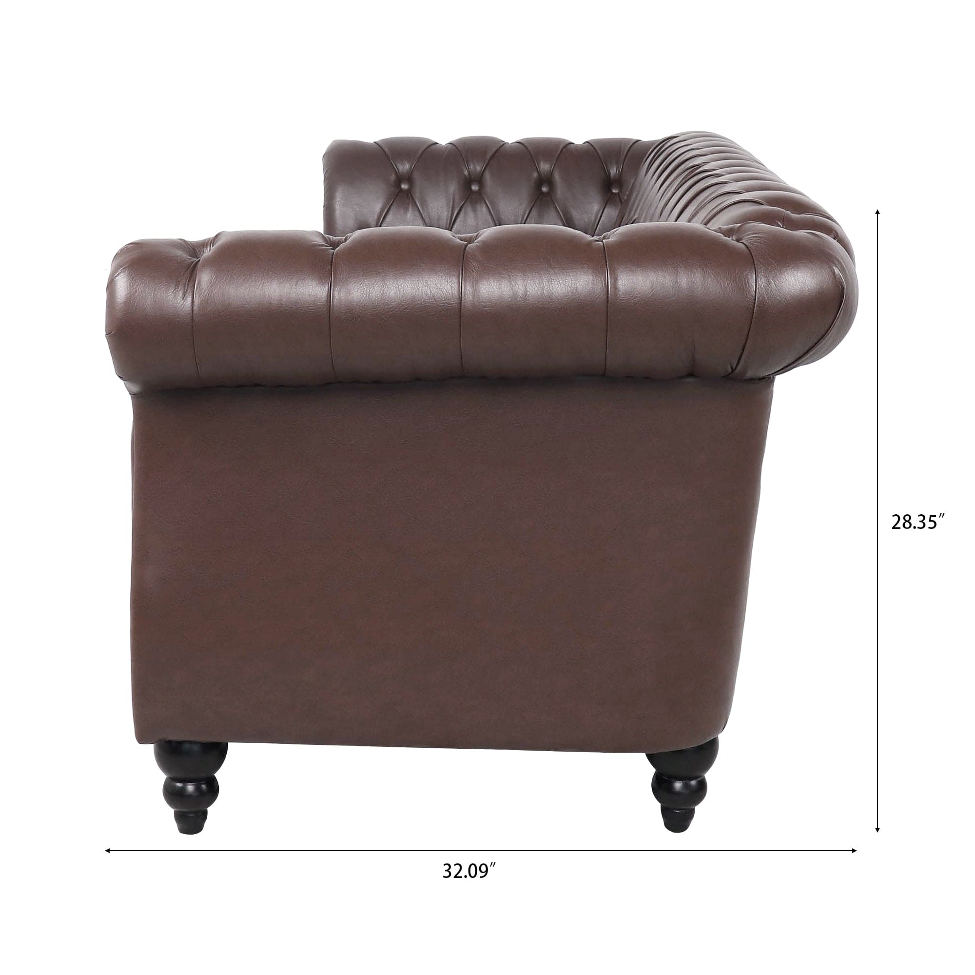 84.65" Dark Brown PU Rolled Arm Chesterfield Three Seater Sofa.