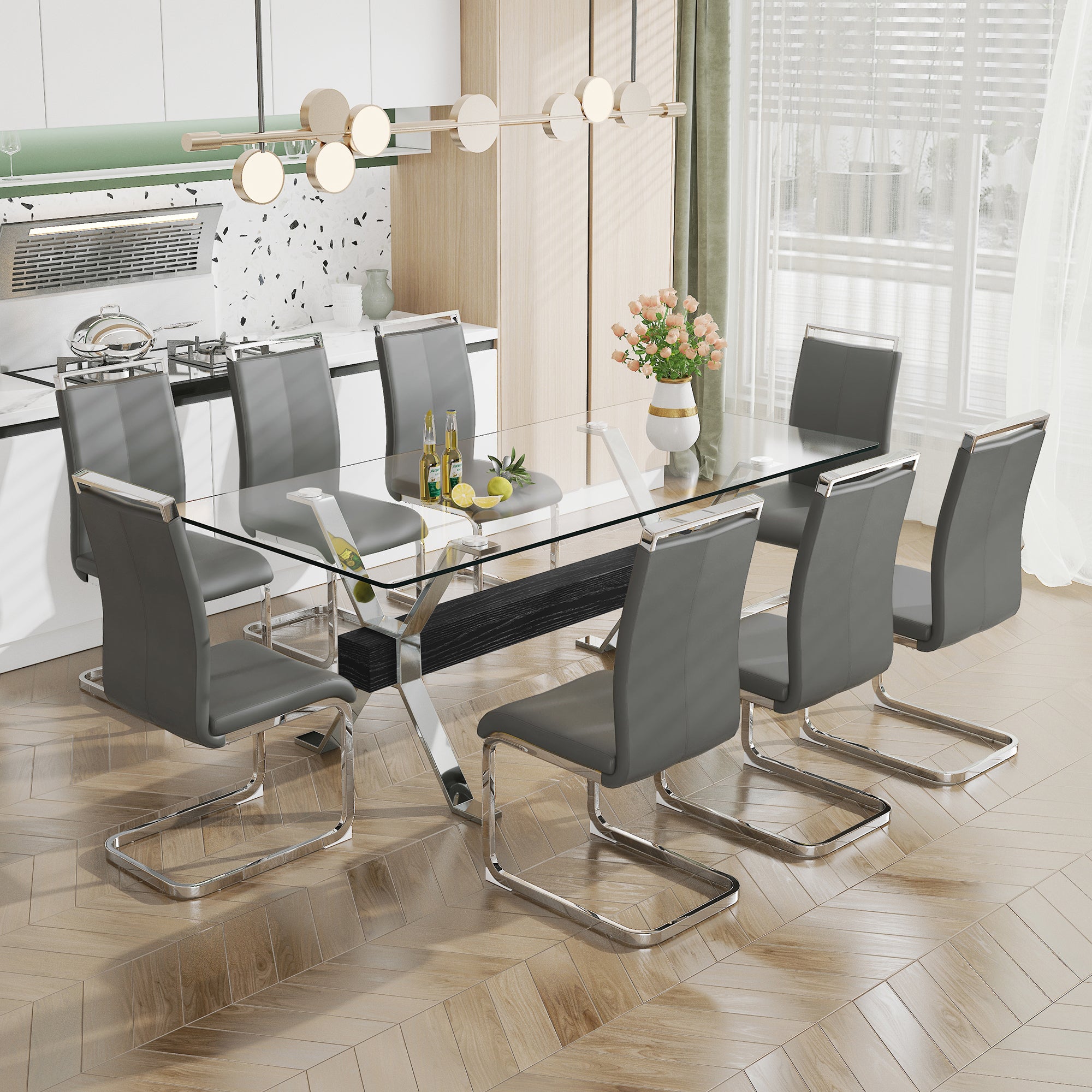 Dining table. Modern tempered glass dining table. Large modern office desk with silver plated metal legs and MDF crossbars, suitable for both home and office use. Kitchen. 79 ''x39''x30 '' 1105