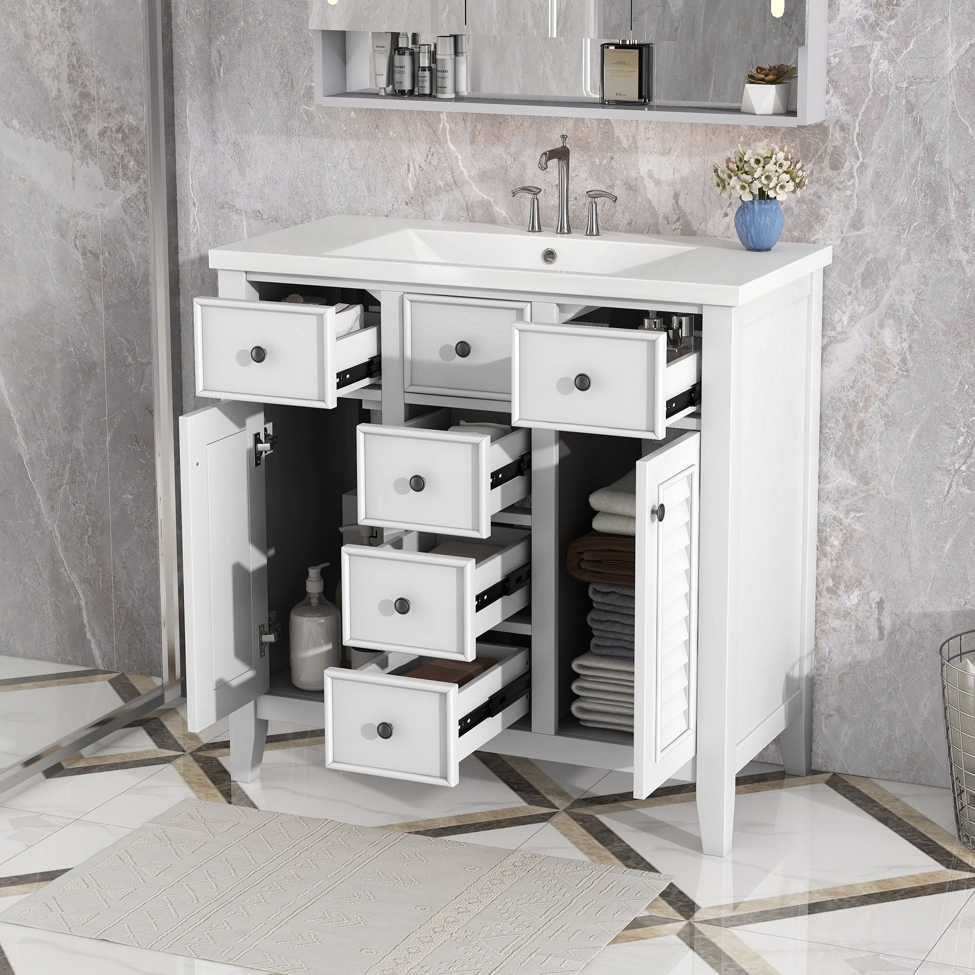 36" Bathroom Vanity with Ceramic Basin, Two Cabinets and Five Drawers, Solid Wood Frame, White (OLD SKU: SY999202AAK)