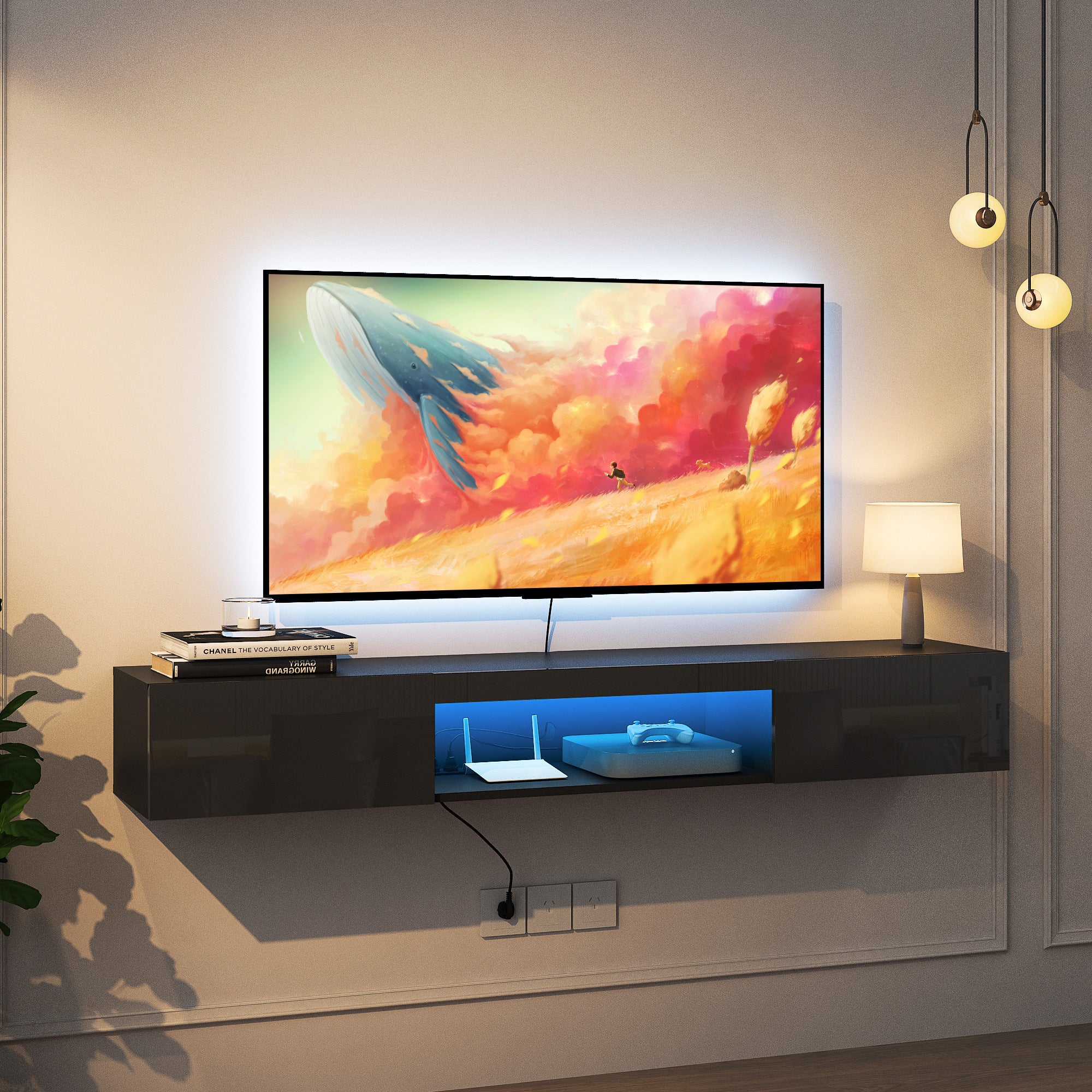 Wall Mounted Floating 65" TV Stand with 16 Color LEDs