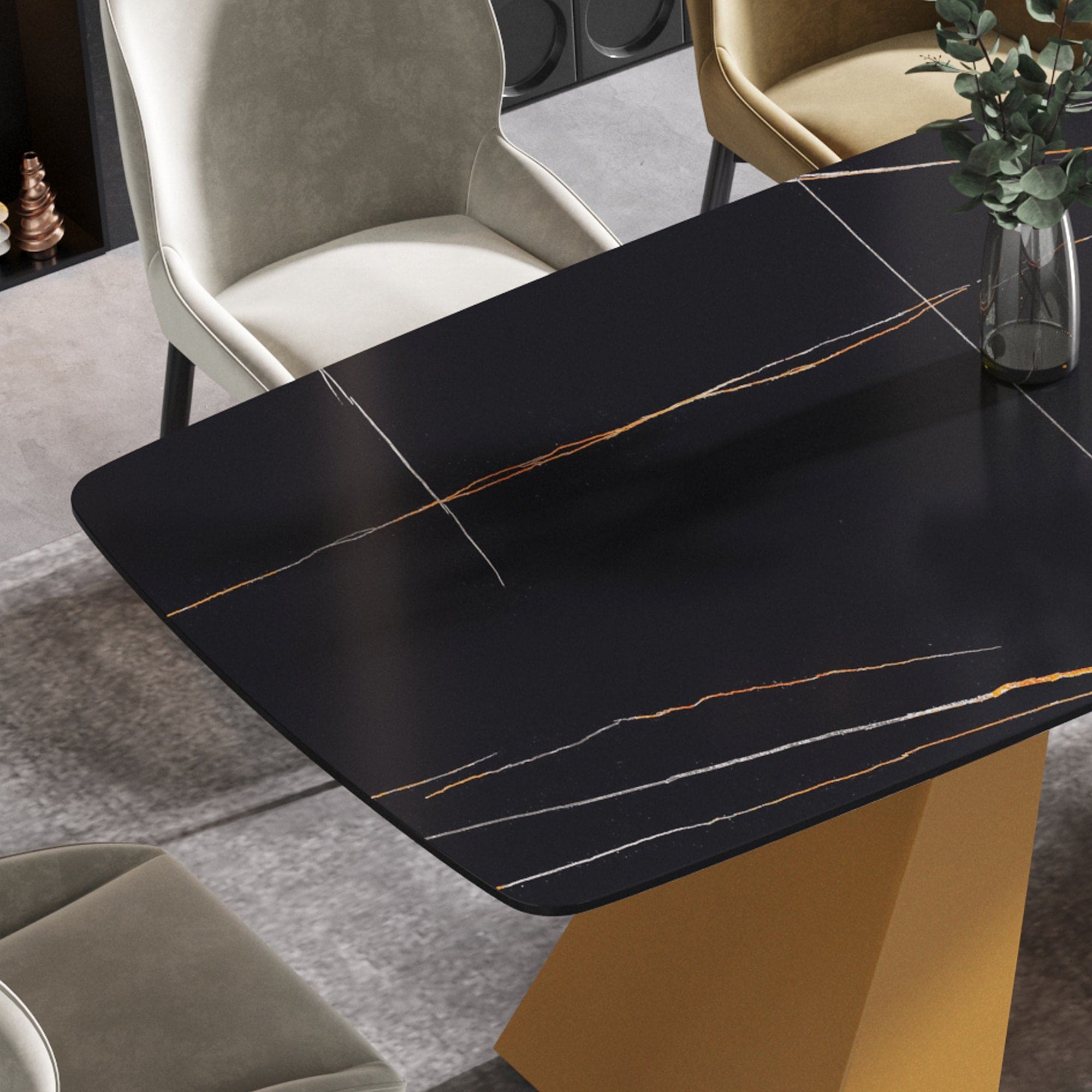 63"Modern artificial stone black curved golden metal leg dining table -6 people