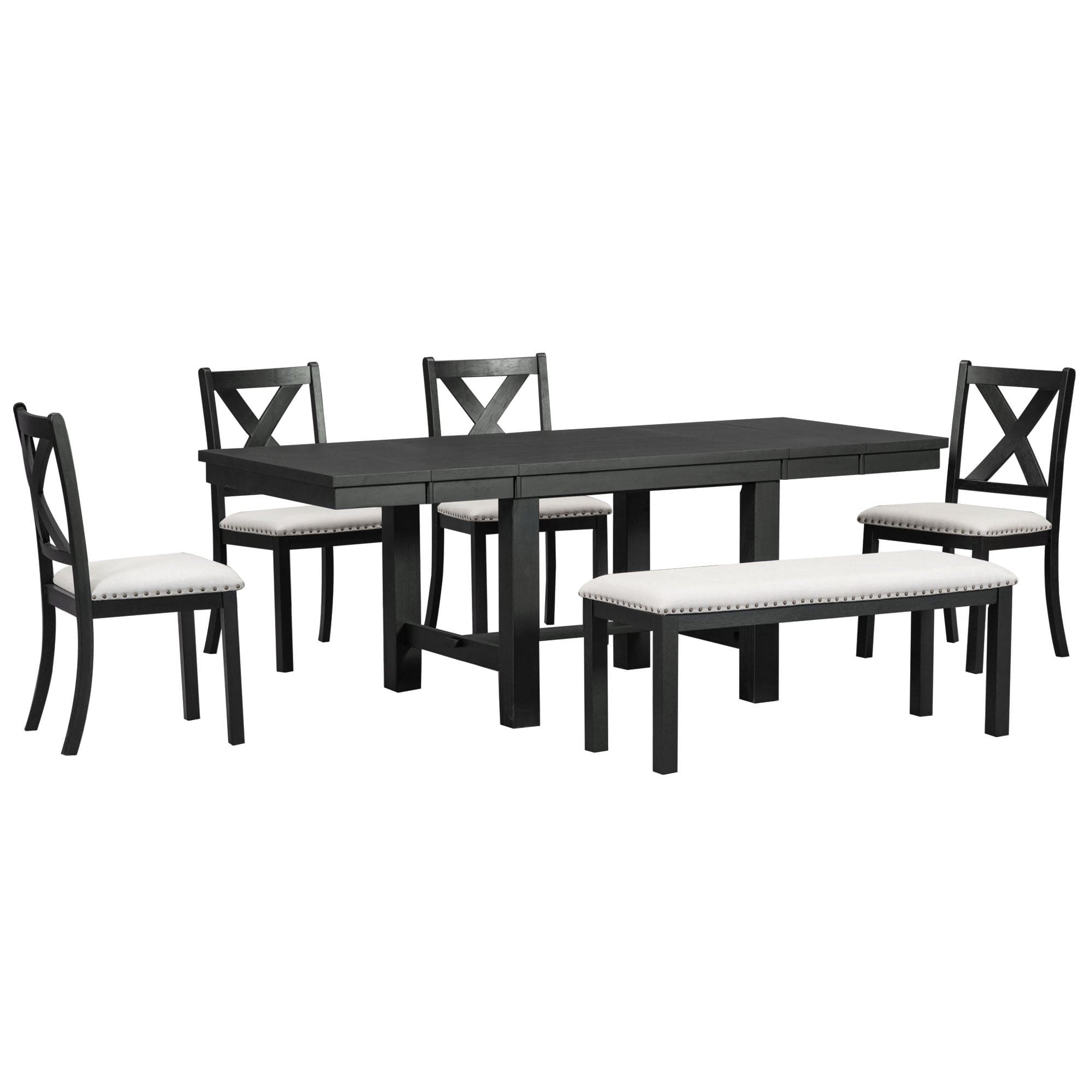 TOPMAX Farmhouse 82inch 6-Piece Extendable Dining Table with Footrest, 4 Upholstered Dining Chairs and Dining Bench, Two 11"Removable Leaf, Black+Beige Cushion