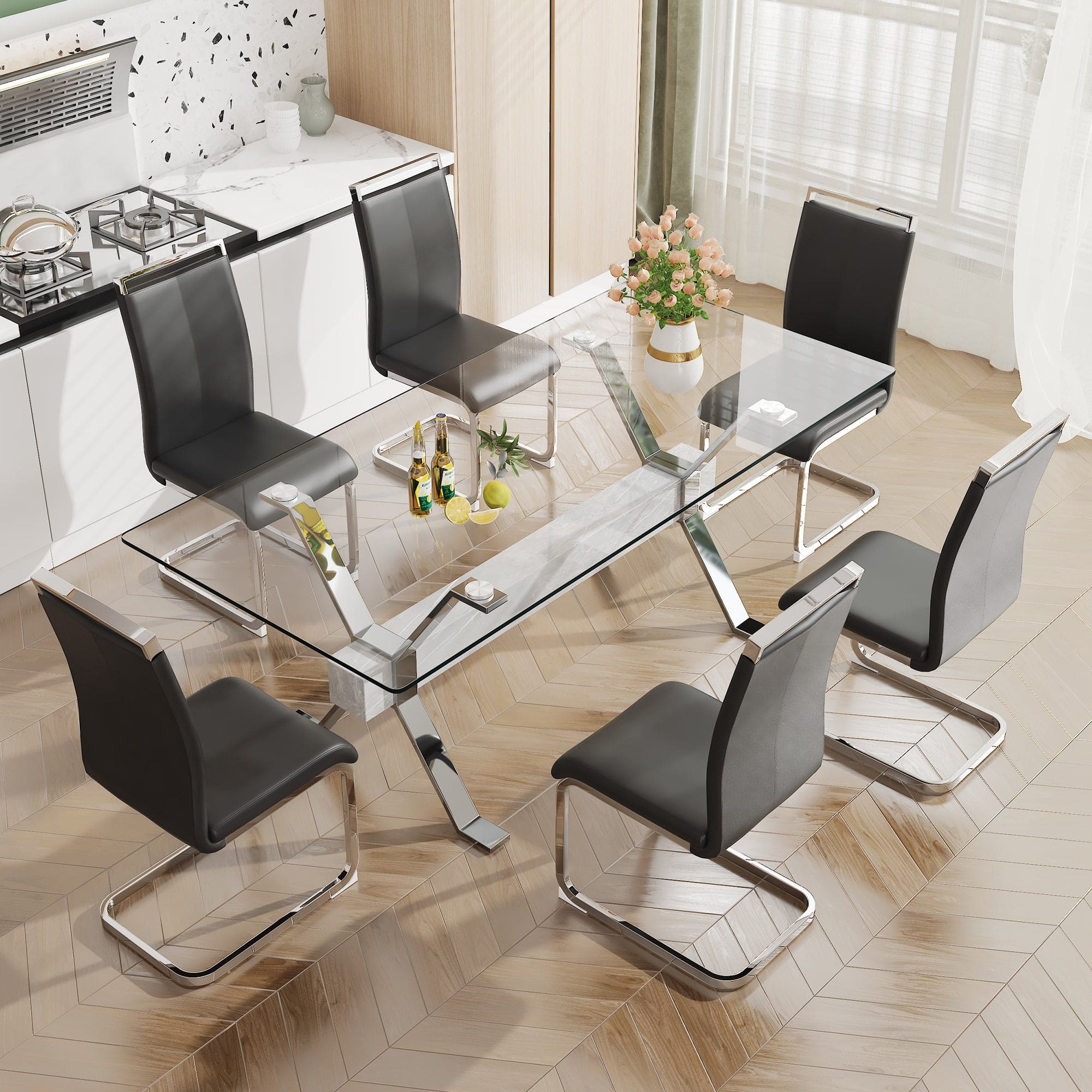 Dining table. Modern tempered glass dining table. Large modern office desk with silver plated metal legs and MDF crossbars, suitable for both home and office use. Kitchen. 79 ''x39''x30 '' 1105