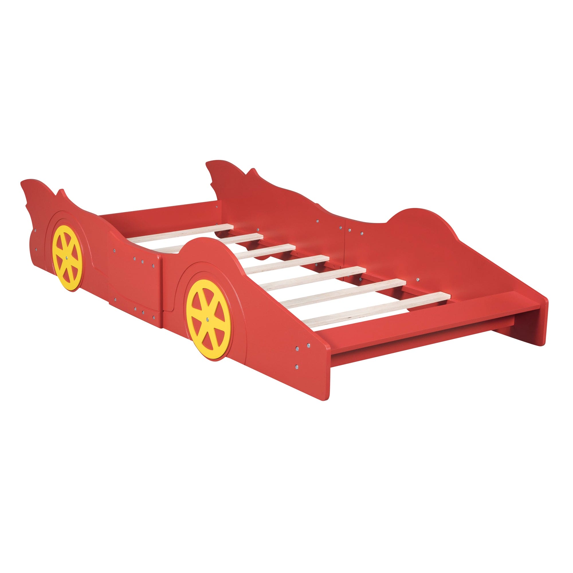 Twin Size Race Car-Shaped Platform Bed with Wheels,Red