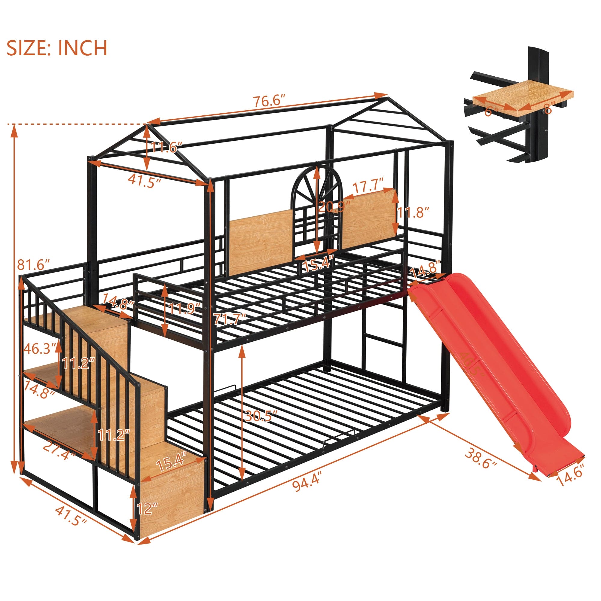 Twin Over Twin Metal Bunk Bed, Metal Housebed with Slide and Storage Stair, Black with Red Slide