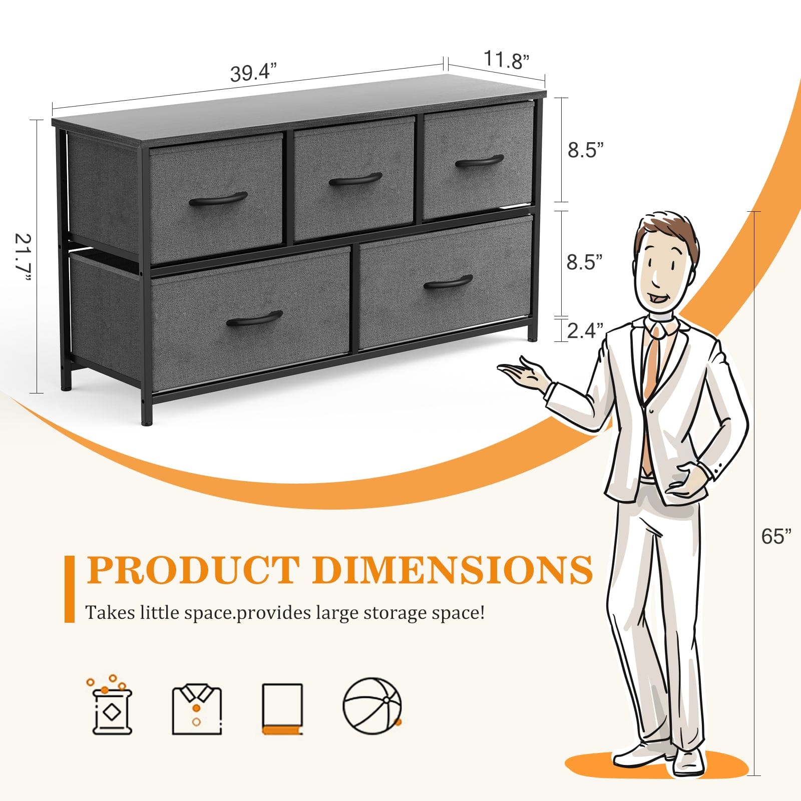 Sweetcrispy Dresser for Bedroom Storage Drawers Fabric Storage Tower with 5 Drawers, Chest of Drawers with Fabric Bins