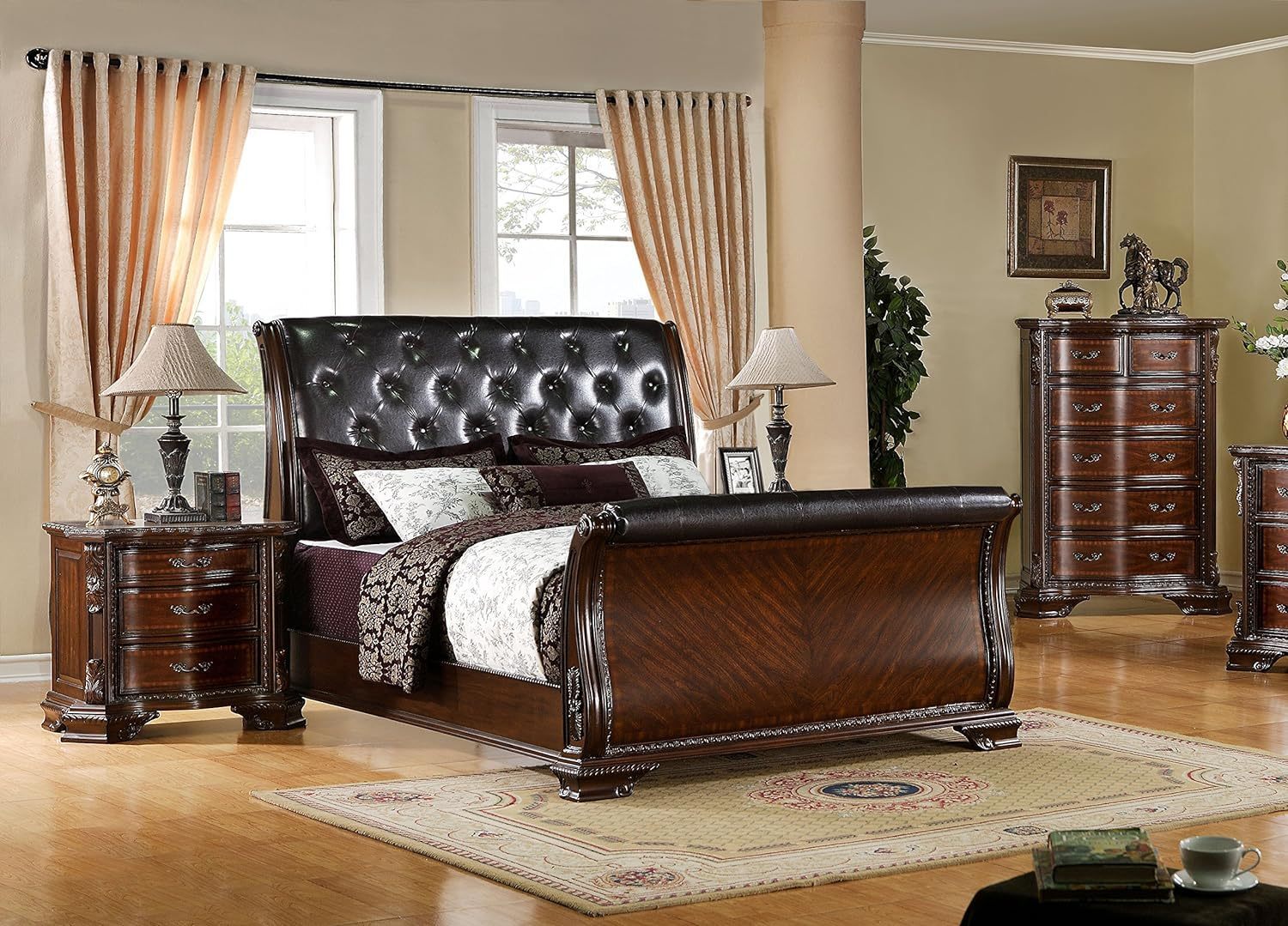 Formal Traditional 1pc Nightstand Only Brown Cherry Solid wood 3-Drawers Intricate Accents Glides Bronze Hanging Pulls Bedroom Furniture