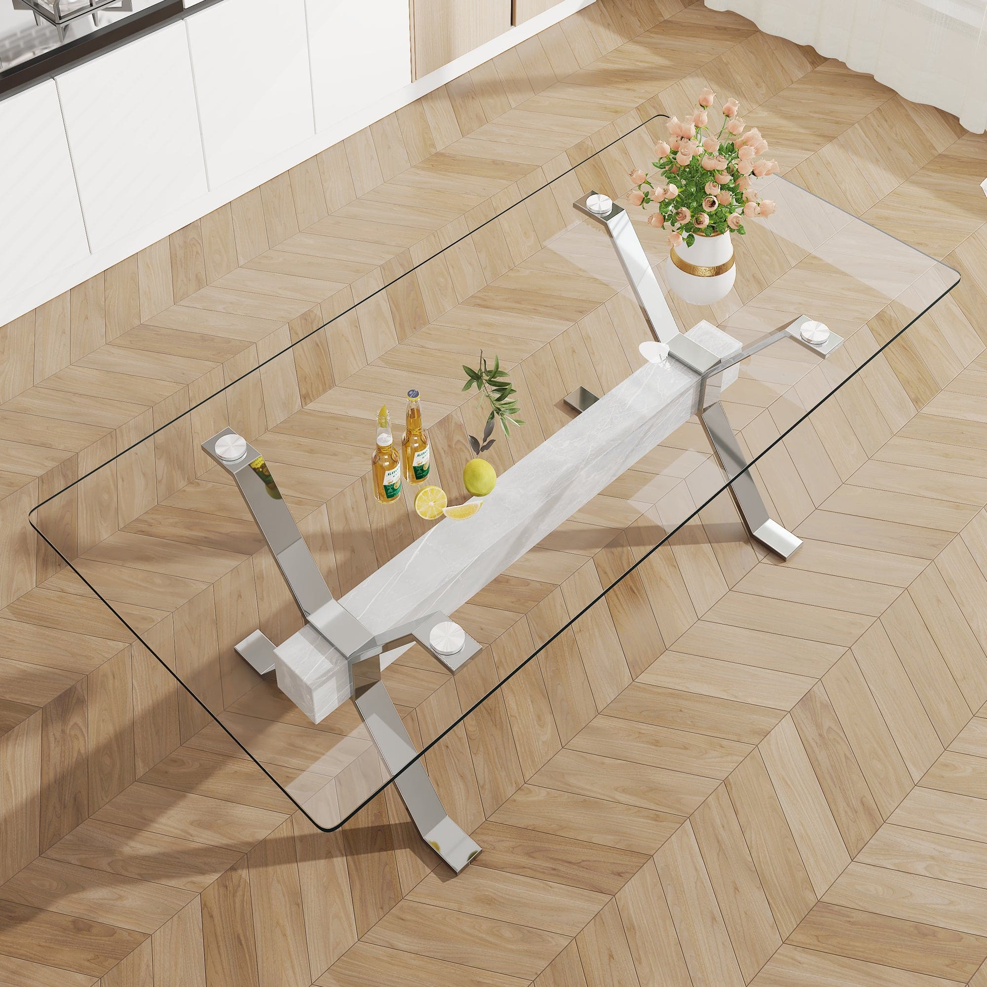 Dining table. Modern tempered glass dining table. Large modern office desk with silver plated metal legs and MDF crossbars, suitable for both home and office use. Kitchen. 79 ''x39''x30 '' 1105