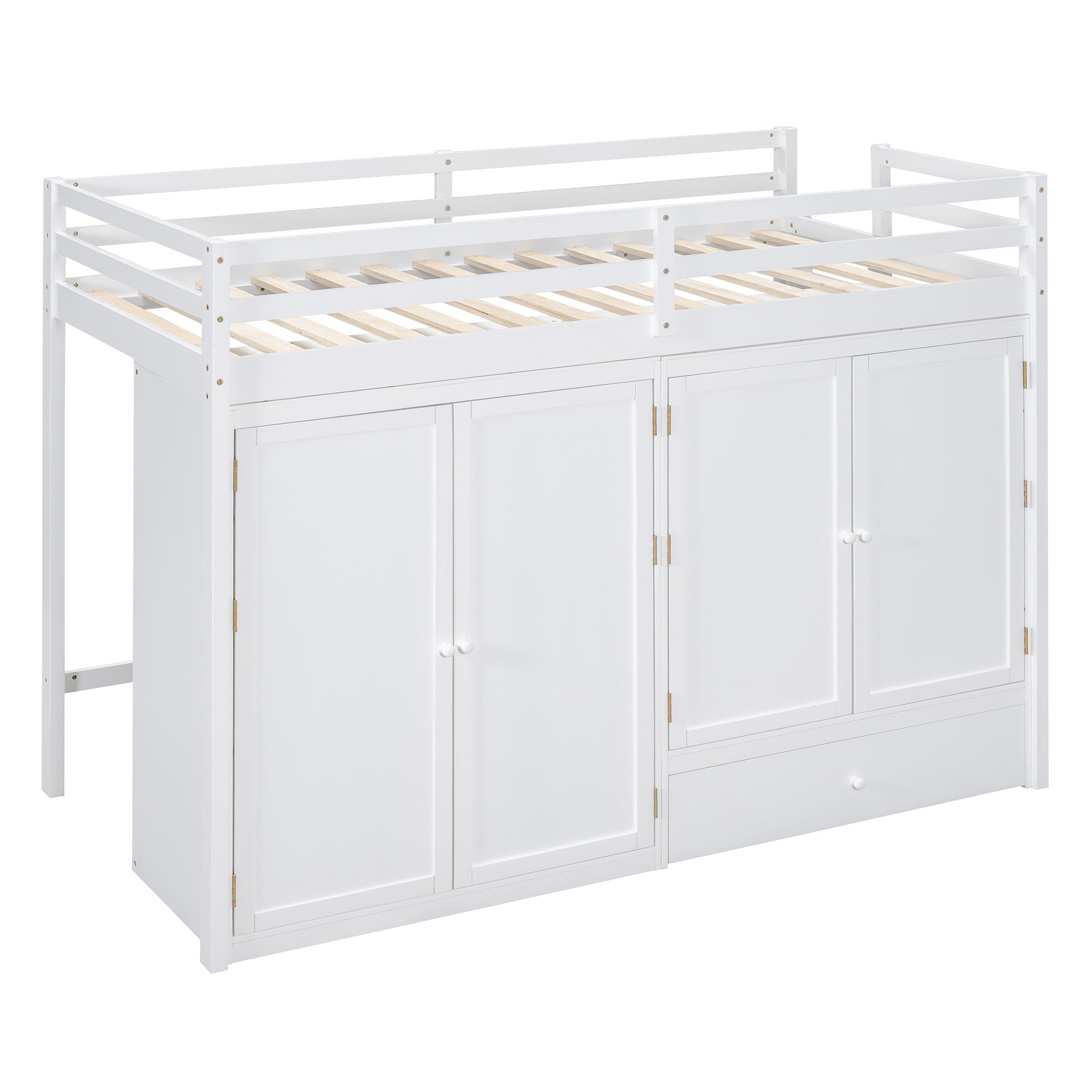 Twin size Loft Bed with Drawer, Two Wardrobes and Mirror, White