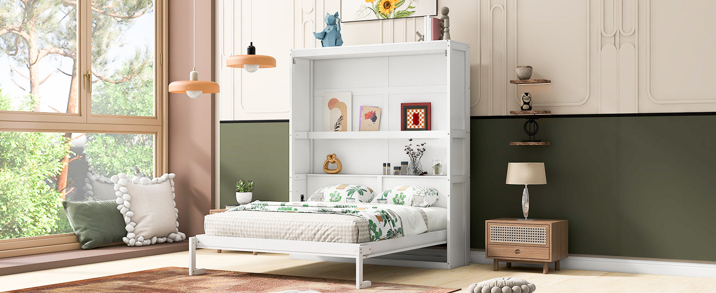 Queen Size Murphy Bed Wall Bed with Shelves,White