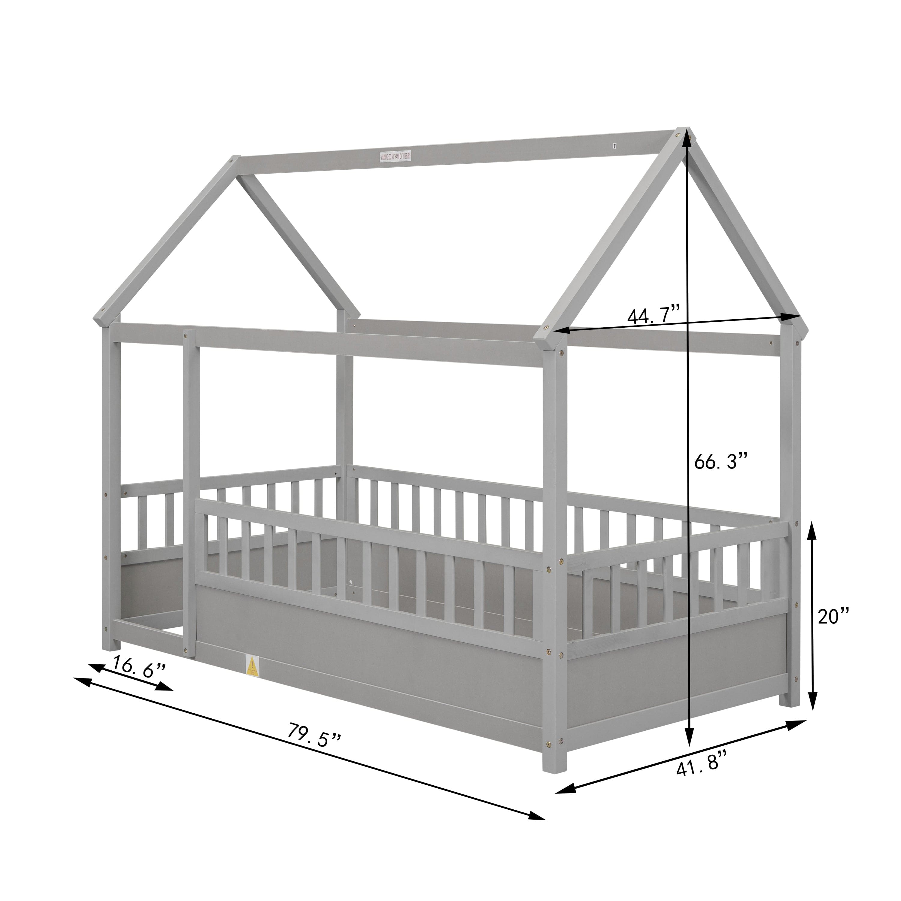 Twin Size Floor Wooden Bed with House Roof Frame, Fence Guardrails,Grey