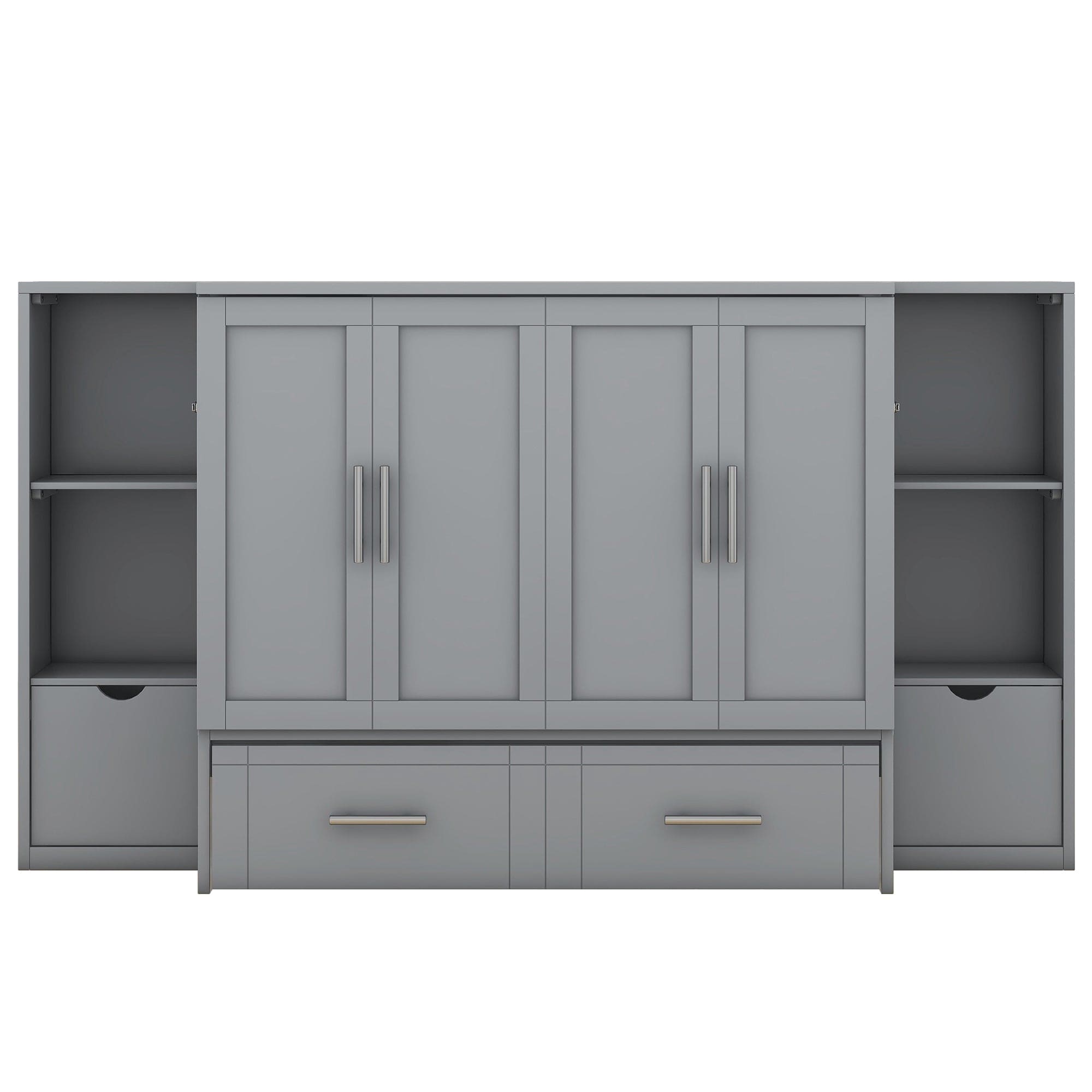 Queen Size Murphy Bed with Shelves, Drawers and USB Ports,Gray