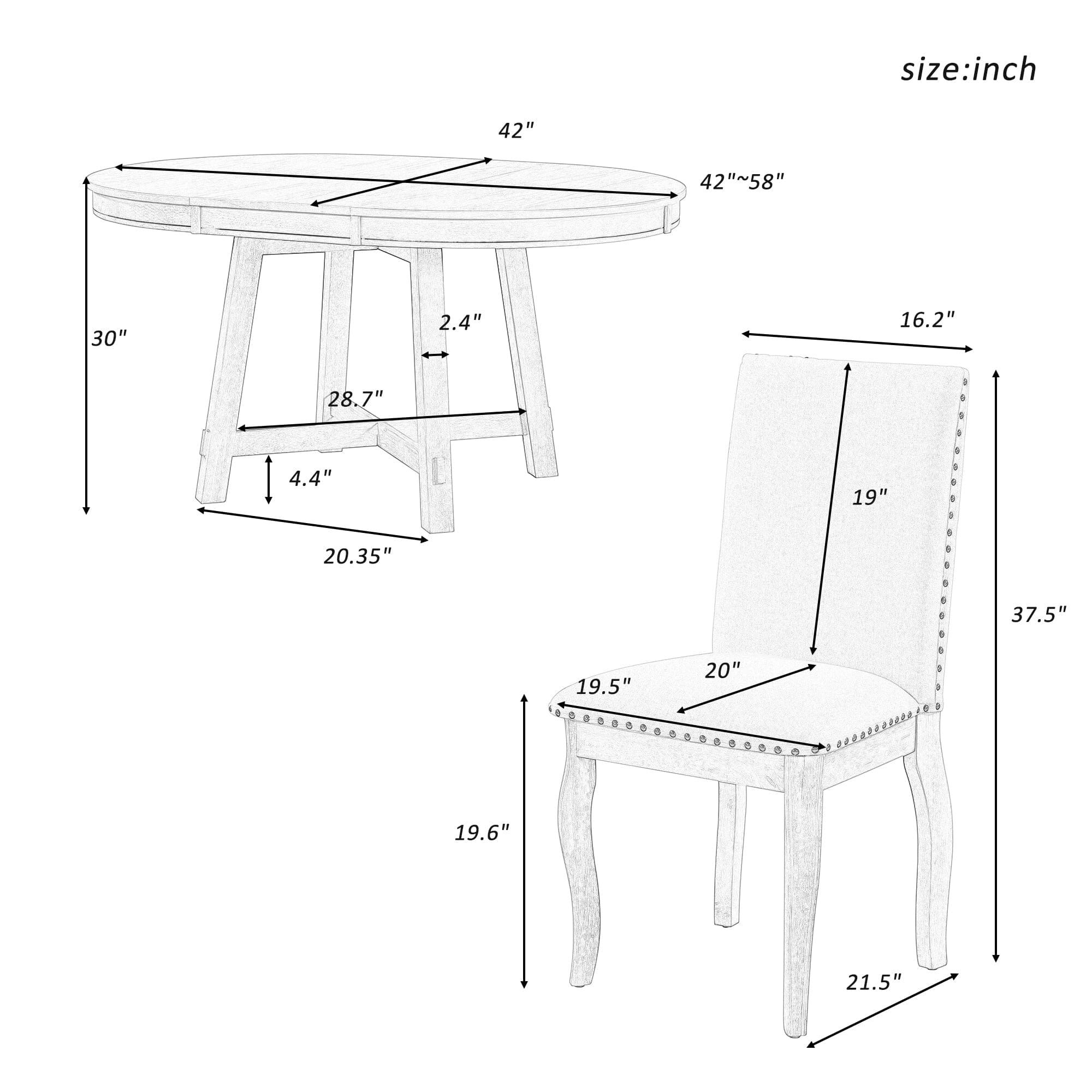 TREXM 5-Piece Farmhouse Dining Table Set Wood Round Extendable Dining Table and 4 Upholstered Dining Chairs (Natural Wood Wash)