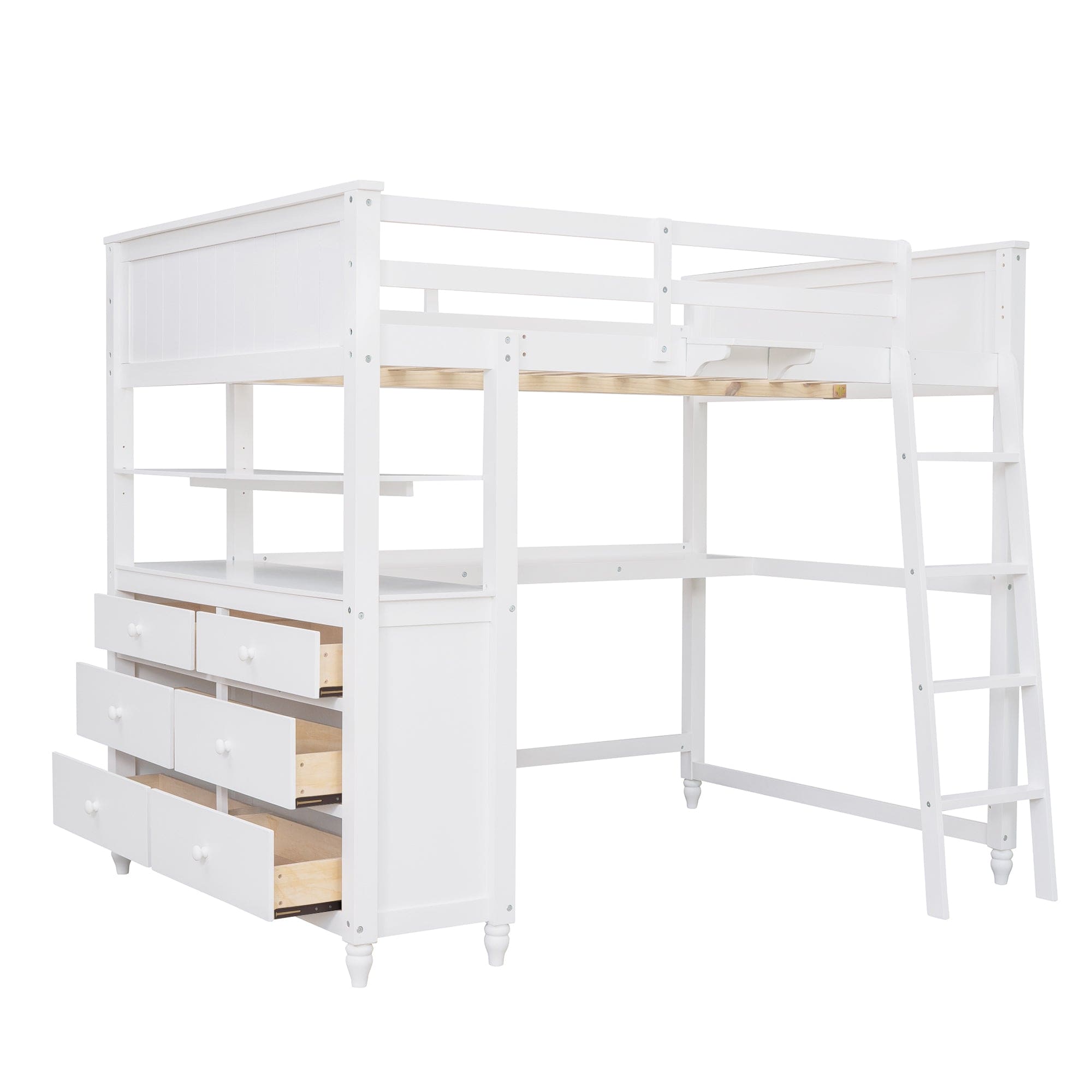 Full size Loft Bed with Drawers and Desk, Wooden Loft Bed with Shelves - White(OLD SKU:LT001529AAK)