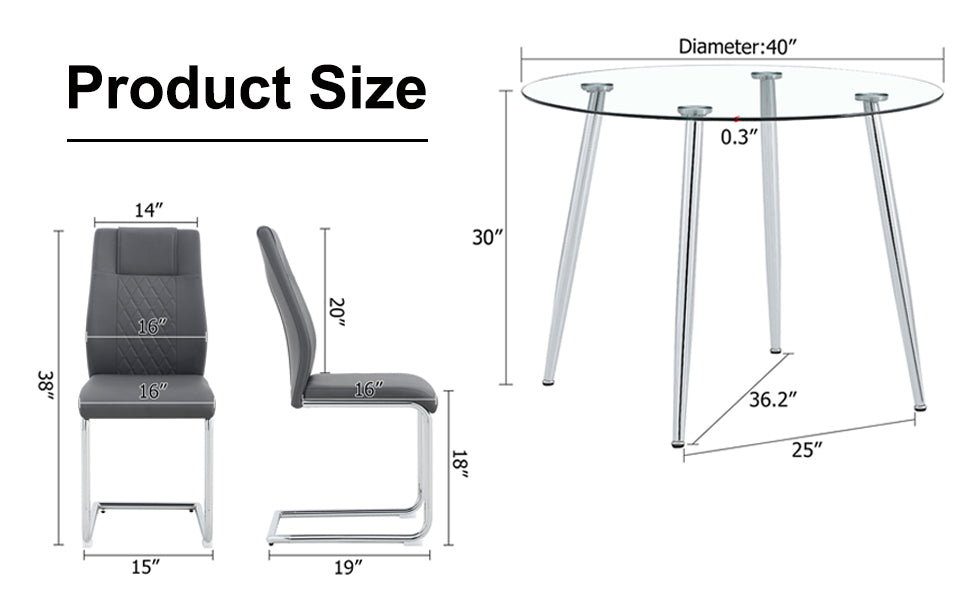 Table and chair set. (1 table+4 gray chairs) Round dining table with a 40 inch diameter glass tabletop and silver plated metal legs. 4 gray PU chairs DT-1164 001