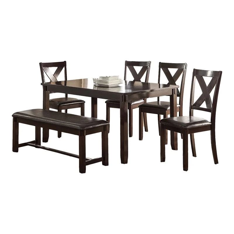 Dining Room Furniture Casual Modern 6pc Set Dining Table 4x Side Chairs and A Bench Rubberwood and Birch veneers Espresso Finish