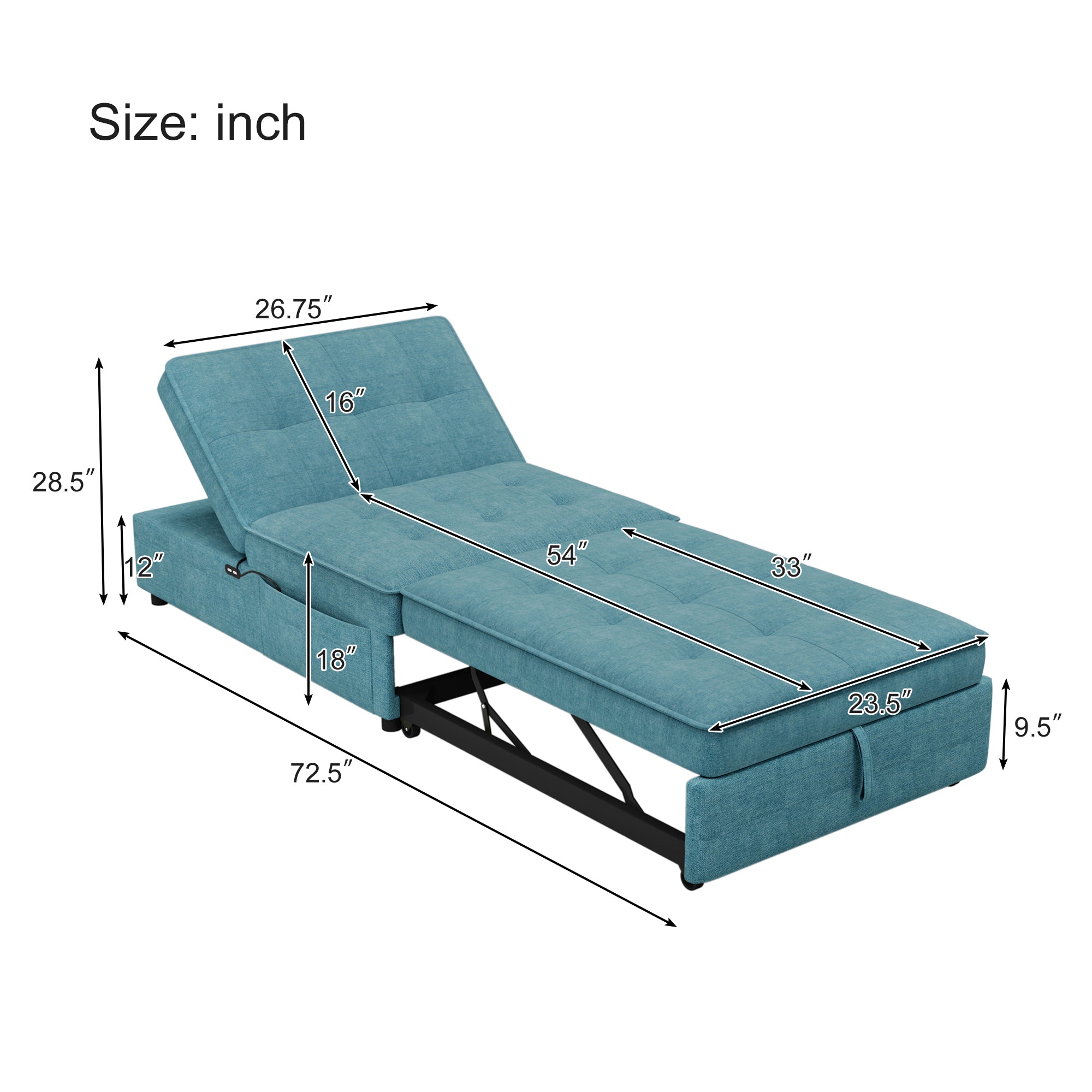 4-in-1 Sofa Bed, Chair Bed, Multi-Function Folding Ottoman Bed with Storage Pocket and USB Port for Small Room Apartment,Living Room,Bedroom,Hallway, Teal