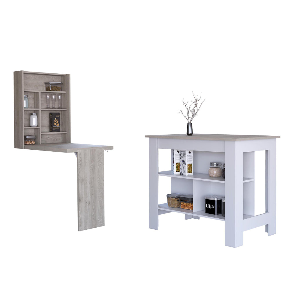 Wilmington 10-Shelf 2-piece Kitchen Set, Kitchen Island and Functional Table Whiteand Light Gray