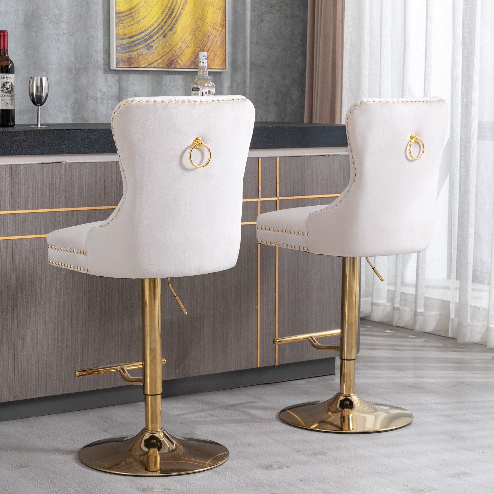 A&A Furniture,Thick Golden Swivel Velvet Barstools Adjusatble Seat Height from 27-35 Inch, Modern Upholstered Bar Stools with Backs Comfortable Tufted for Home Pub and Kitchen Island (Beige,Set of 2)