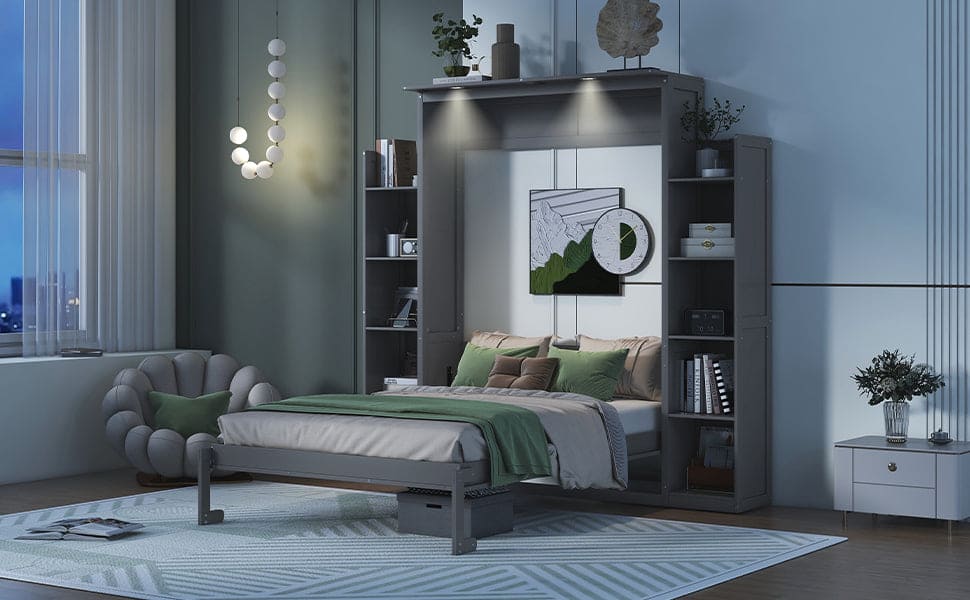 Full Size Murphy Bed Wall Bed with Shelves and LED Lights,Gray