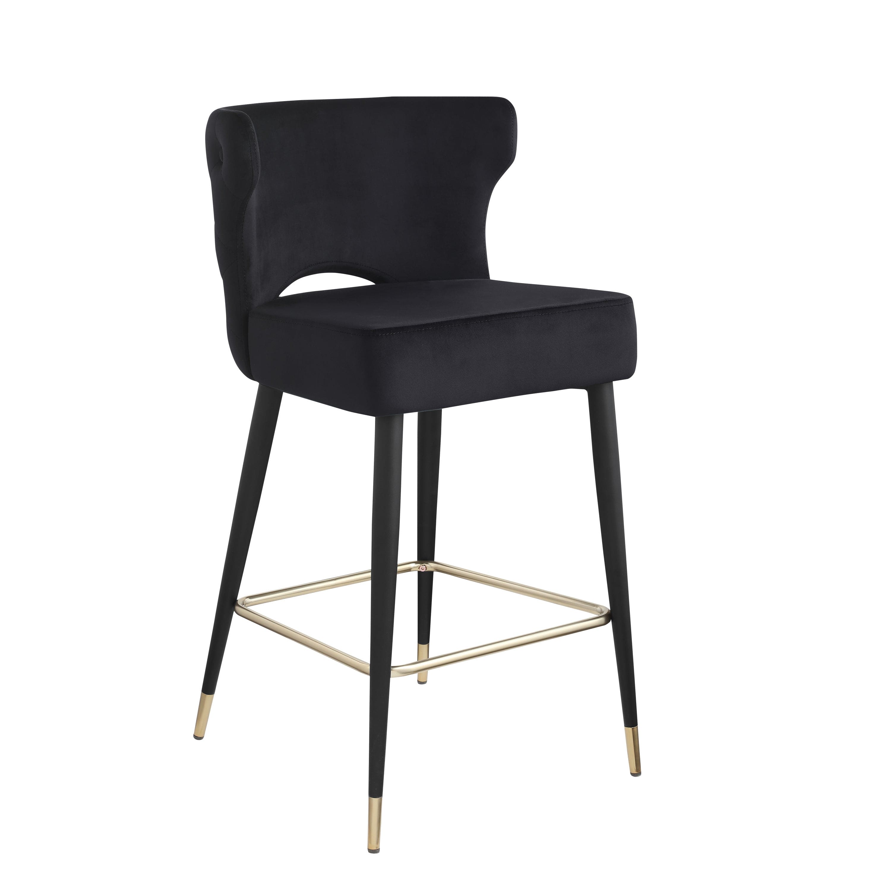 Woker Furniture Contemporary Velvet Upholstered Counter Height Stool with Gold Tipped, Black Metal Legs, 22" W x 19" D x 38.5" H, Black