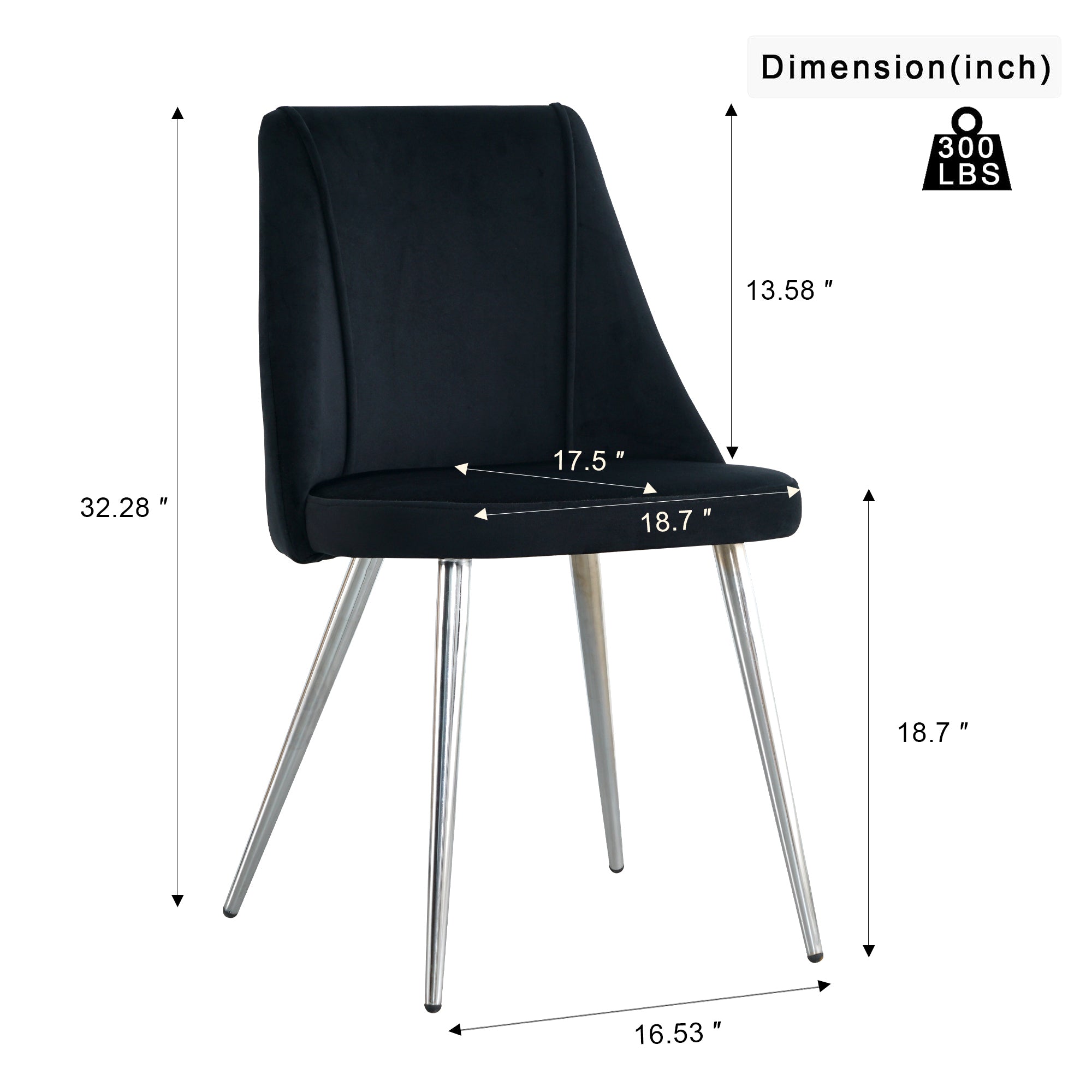 Modern simple velvet black dining chair home bedroom stool back dressing chair student desk chair chrome metal legs(set of 4)